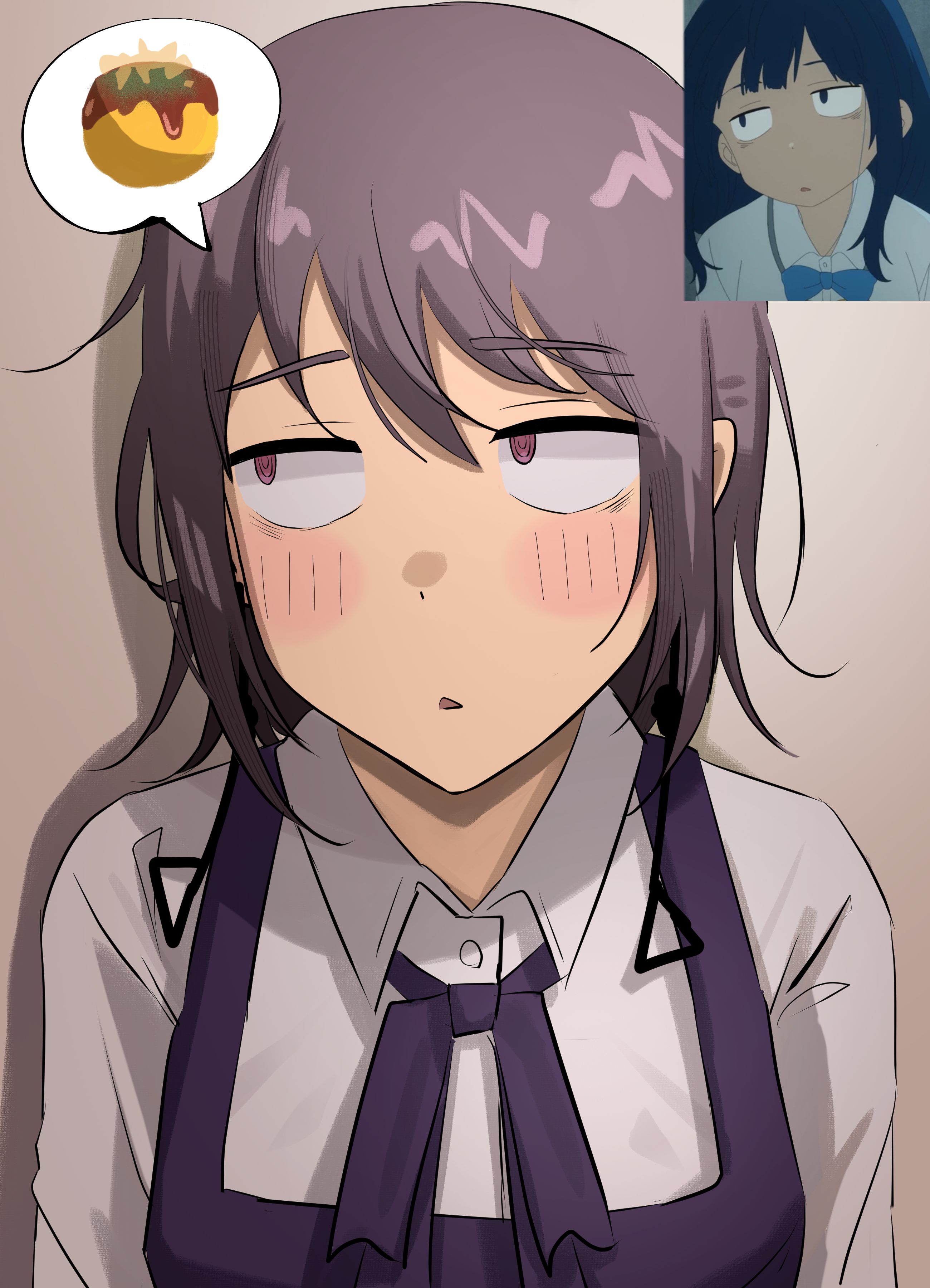 1girl absurdres aguxxxuu anime_screenshot_inset blush chainsaw_man collared_shirt commentary dress earrings english_commentary fami_(chainsaw_man) fourth_east_high_school_uniform highres image_in_speech_bubble jewelry neck_ribbon pinafore_dress purple_dress purple_eyes purple_hair purple_ribbon ribbon ringed_eyes school_uniform shirt short_hair sleeveless sleeveless_dress solo speech_bubble white_shirt