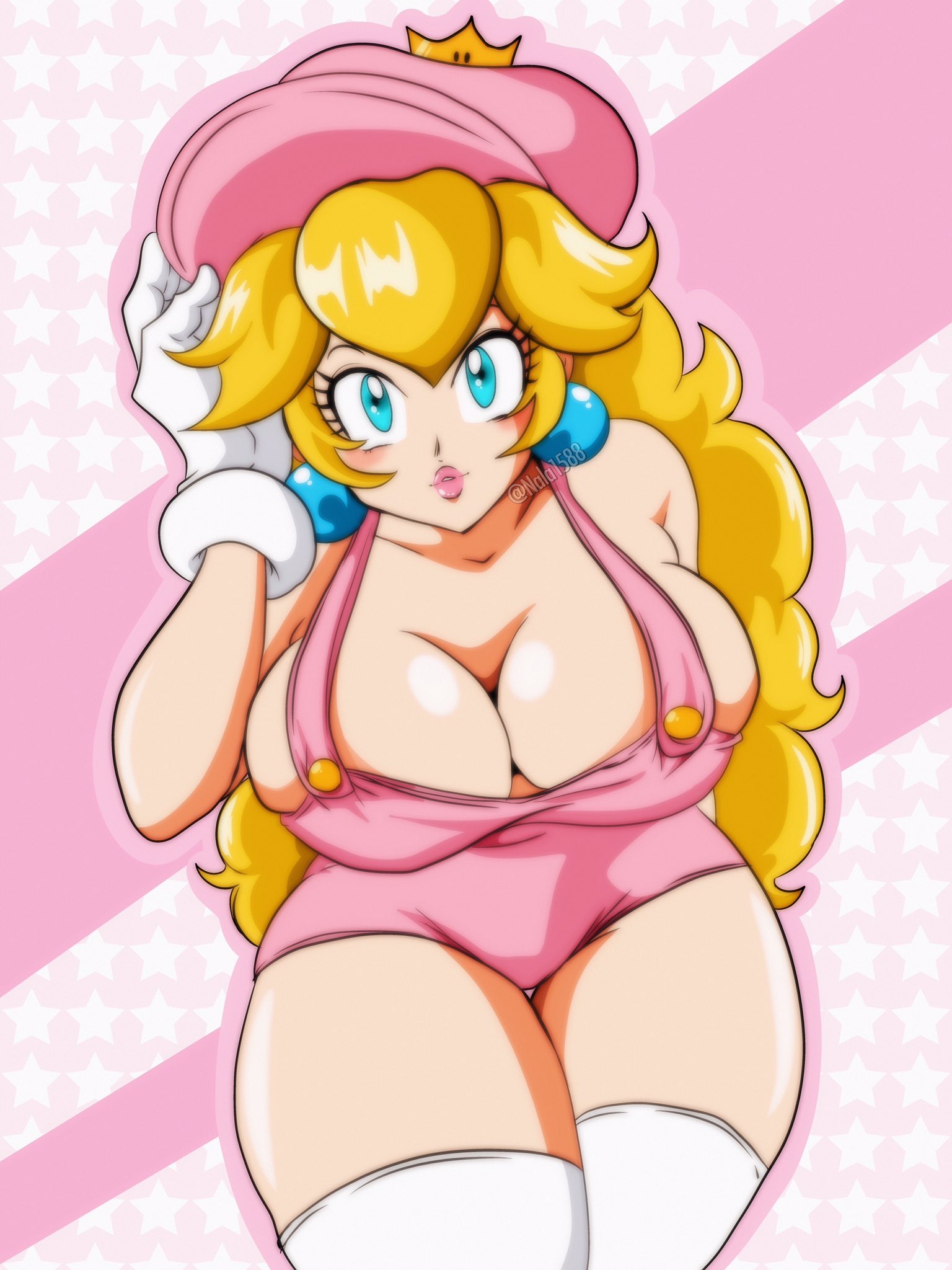 1girl arm_up artist_name bare_arms bare_shoulders blonde_hair blue_eyes blush breasts bursting_breasts buttons cleavage collarbone crown curvy earrings eyelashes facing_viewer gloves hat hat_tip highres jewelry large_breasts leaning_forward lips long_hair looking_at_viewer mario_(series) mini_crown naked_overalls nala1588 nintendo no_bra outline overall_shorts overalls parted_lips pink_background pink_hat pink_lips pink_outline pink_overalls princess_peach solo sphere_earrings star_(symbol) star_symbol_background super_mario_bros._1 super_mario_maker taut_clothes taut_overalls thick_thighs thigh_gap thighhighs thighs twitter_username white_gloves white_thighhighs