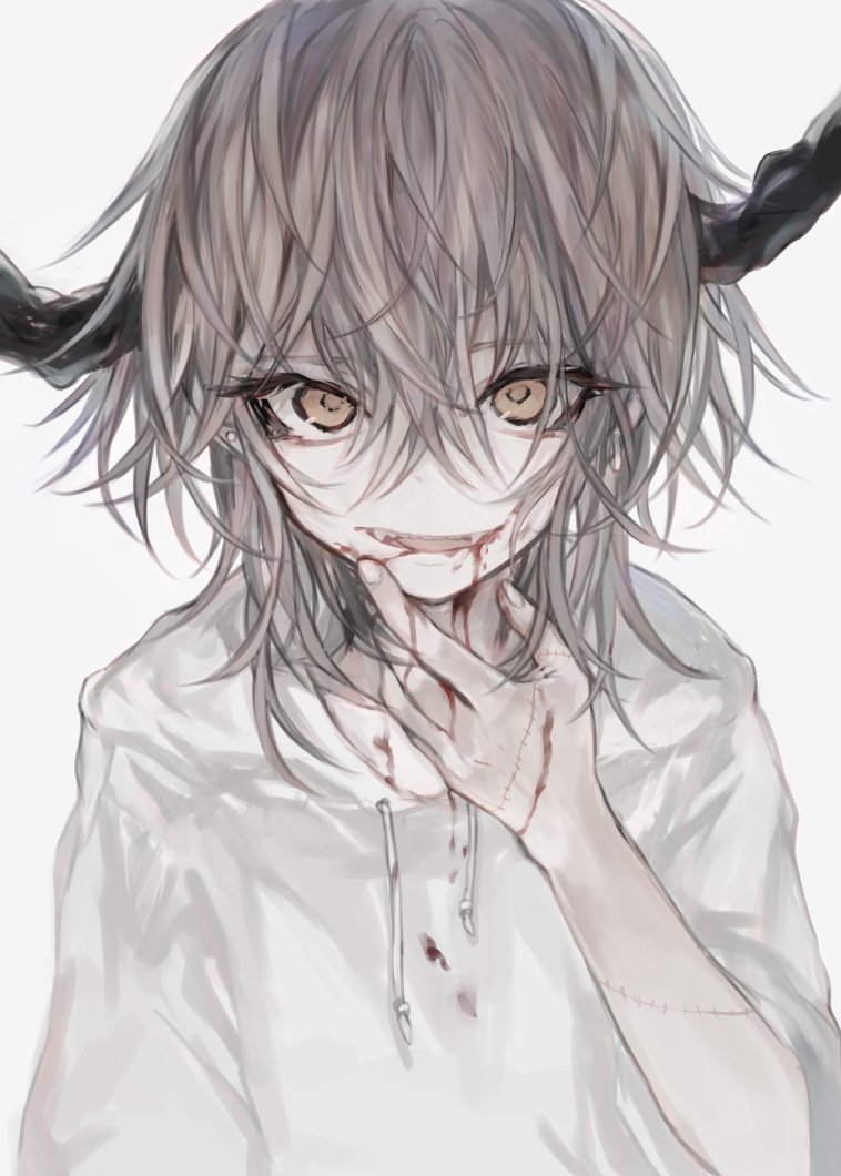 1girl blood blood_from_mouth brown_eyes drawstring female_focus grey_hair hair_between_eyes hasunokaeru hood hoodie horns looking_at_viewer messy_hair open_mouth original pale_skin smile solo upper_body white_hoodie wiping_face