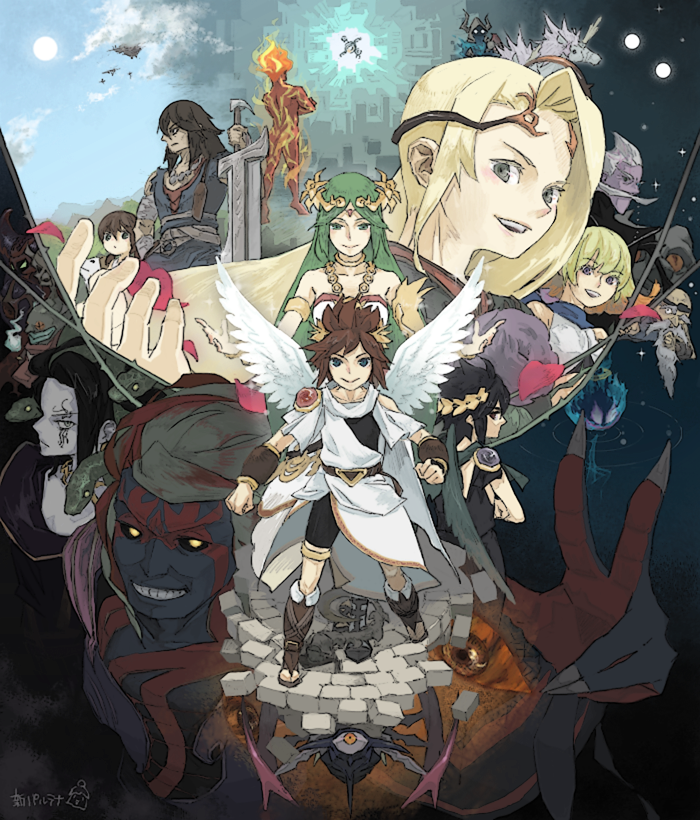 6+boys 6+girls angel angel_wings arlon_(kid_icarus) arlon_(kid_icarus) bald beard bike_shorts black_hair black_scarf black_sclera blonde_hair blue_eyes blue_fire blue_scarf blue_sky brown_hair chain chaos_kin chariot_master collarbone colored_sclera colored_skin commentary_request cragalanche dark_pit diadem dog dog_(kid_icarus) dyntos everyone facial_hair fake_horns fiery_hair fire gaol girl_(kid_icarus) gold_chain green_hair green_skin hades_(kid_icarus) helmet holding holding_sword holding_weapon horned_helmet horns kid_icarus kid_icarus_uprising kusa0093 laurel_crown lightning_chariot magnus_(kid_icarus) medusa_(kid_icarus) multicolored_hair multiple_boys multiple_girls nintendo one-eyed palutena pandora_(kid_icarus) petals phosphora pit_(kid_icarus) purple_skin pyrrhon red_hair scarf signature sky snake_hair sword teeth thanatos_(kid_icarus) two-tone_hair unicorn viridi weapon white_scarf wings