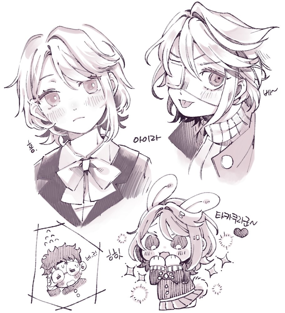 1boy 1girl animal_ears blush bow bowtie closed_mouth collared_shirt comimingming dandadan eyepatch greyscale hair_between_eyes hands_on_own_cheeks hands_on_own_face medical_eyepatch medium_hair monochrome pleated_skirt rabbit_ears rabbit_girl rabbit_tail round_eyewear school_uniform shiratori_aira_(dandadan) shirt short_hair sketch skirt sweatdrop tail takakura_ken_(dandadan) tongue tongue_out white_background