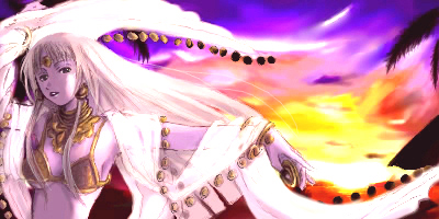 1girl arm_up bikini black_eyes blonde_hair breasts cloud coin_(ornament) commentary_request dancer_(ragnarok_online) gold jewelry long_hair looking_at_viewer lowres medium_breasts mr.romance neck_ring orange_sky purple_sky ragnarok_online shawl sidelocks sky solo sunset swimsuit upper_body yellow_bikini