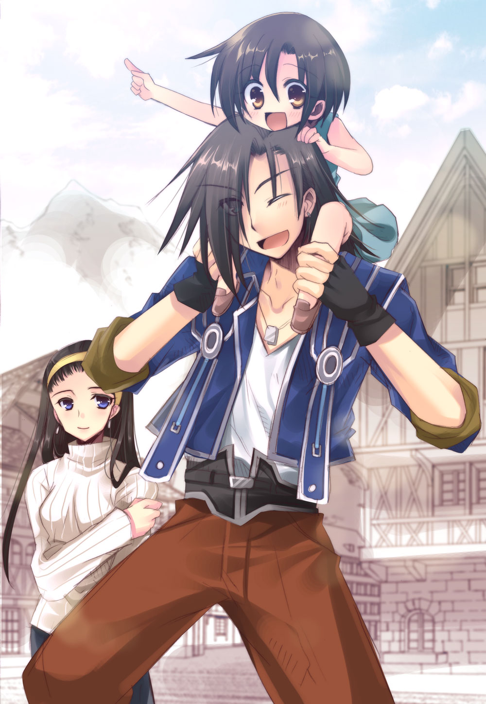 1990s_(style) 1boy 2girls black_hair brown_eyes brown_hair child earrings ellone ellone_loire final_fantasy final_fantasy_viii fingerless_gloves gloves hairband highres izumi_makoto jewelry laguna_loire long_hair multiple_girls one_eye_closed open_mouth raine_loire spoilers wink