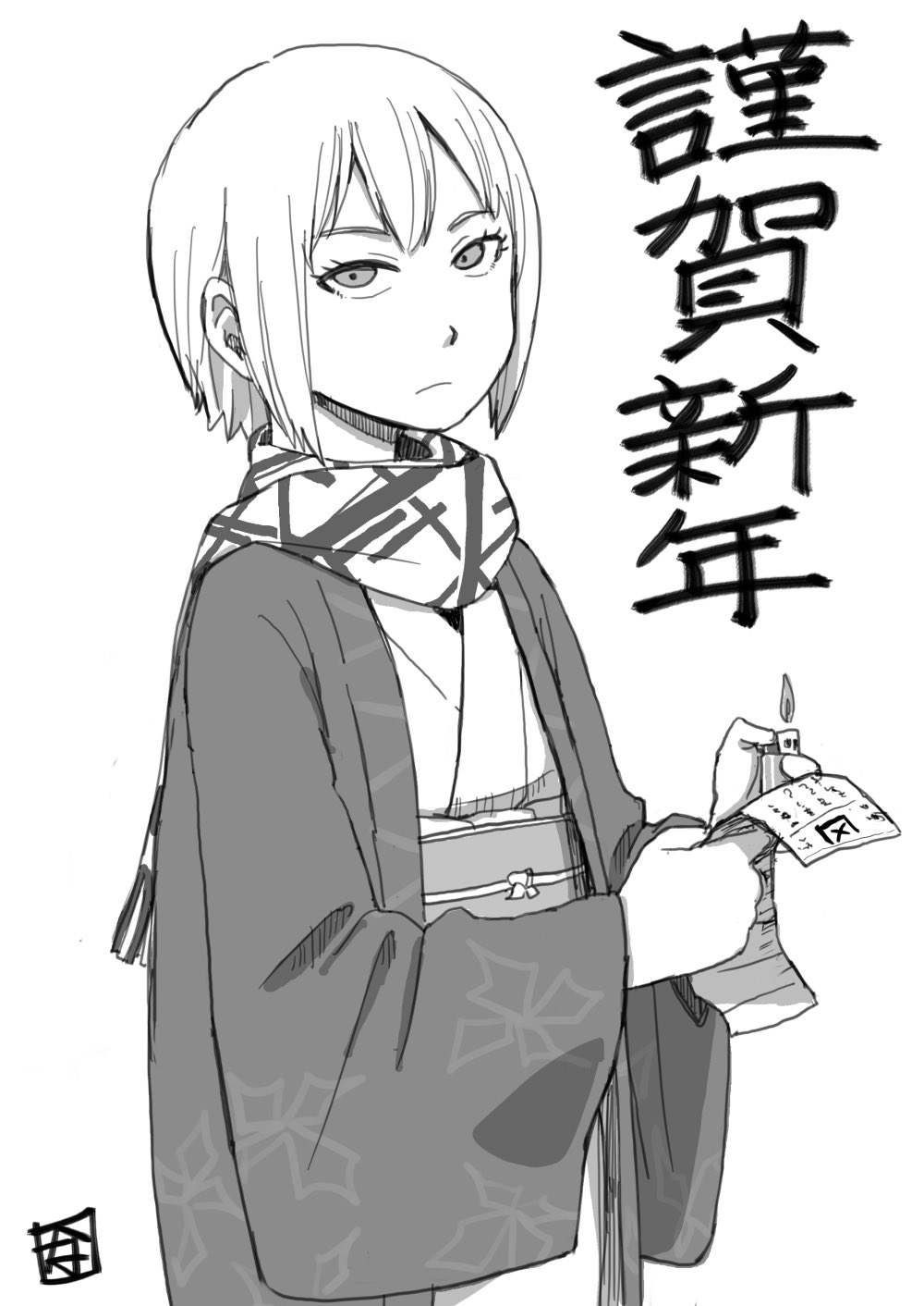 1girl closed_mouth eyelashes frown greyscale highres holding holding_lighter japanese_clothes kon_futaba lighter looking_at_viewer monochrome naotan scarf short_hair signature solo soredemo_machi_wa_mawatteiru translation_request wide_sleeves