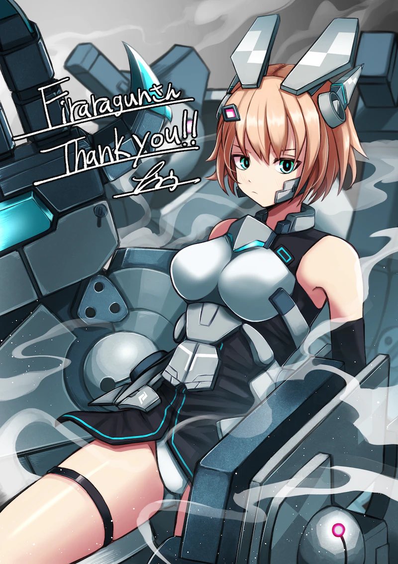 aqua_eyes breasts commentary commission cosmic_break english_commentary english_text leotard looking_at_viewer mecha_musume mechanical_arms medium_breasts nankou_(koutanan) orange_hair short_hair silva_(cosmic_break) skeb_commission smoke thighs