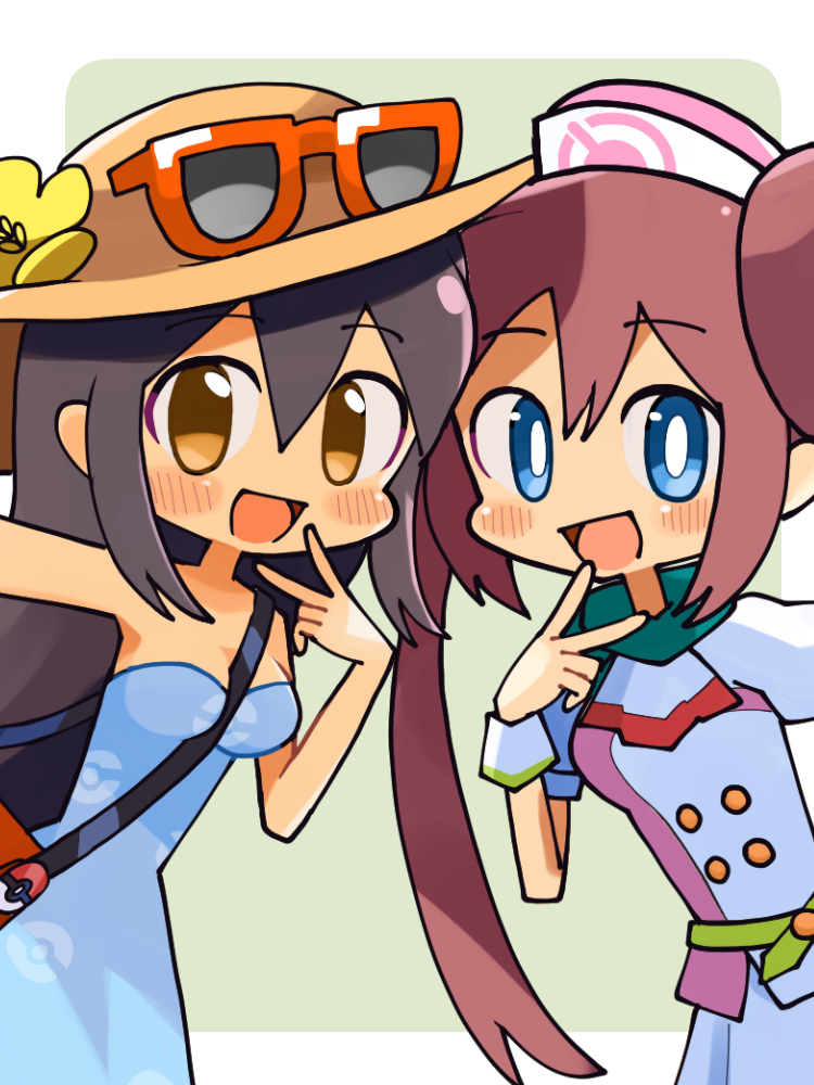 2girls :d bag between_breasts blue_dress blue_eyes blush breasts bright_pupils brown_hair buttons commentary_request dress eyewear_on_headwear flower hand_up happy hat hat_flower kuwagata_zaurus long_hair medium_breasts multiple_girls nintendo npc_trainer official_alternate_costume open_mouth poke_ball_print pokemon pokemon_masters_ex pokemon_sm rosa_(pokemon) rosa_(special_costume)_(pokemon) shoulder_bag sightseer_(pokemon) small_breasts smile strap_between_breasts sunglasses twintails v white_pupils wrist_cuffs yellow_flower
