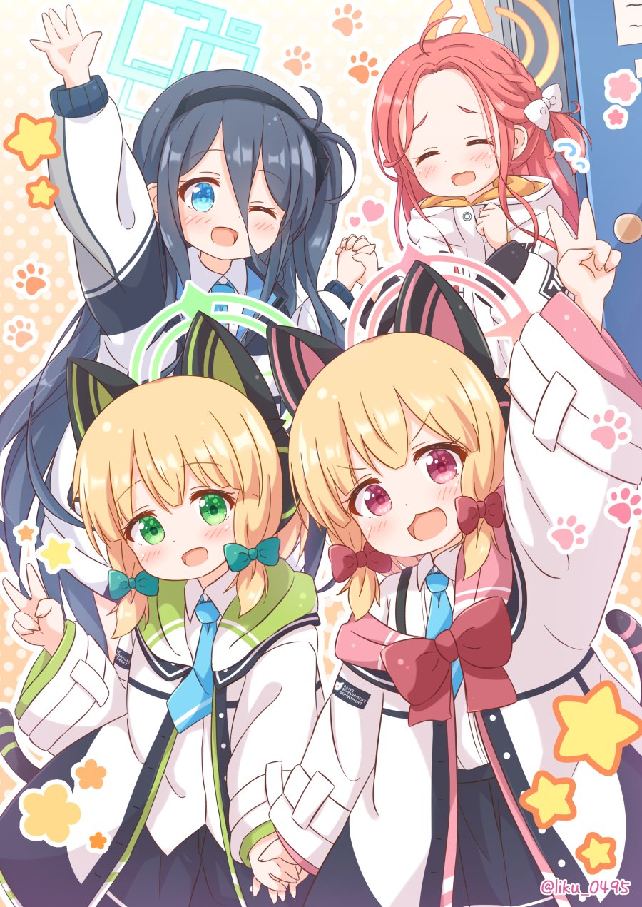 4girls ;d animal_ear_headphones animal_ears araki495 aris_(blue_archive) arm_up black_hair black_hairband black_shorts black_skirt blonde_hair blue_archive blue_necktie blush bow braid collared_shirt commentary_request dress_shirt fake_animal_ears forehead green_bow hair_bow hairband halo hand_up headphones highres holding_hands interlocked_fingers jacket locker long_hair long_sleeves midori_(blue_archive) momoi_(blue_archive) multiple_girls necktie one_eye_closed one_side_up open_clothes open_jacket open_mouth parted_bangs pleated_skirt polka_dot polka_dot_background power_symbol puffy_long_sleeves puffy_sleeves red_bow red_hair shirt shorts siblings sisters skirt smile star_(symbol) twintails twitter_username v very_long_hair white_bow white_jacket white_shirt wide_sleeves yuzu_(blue_archive)