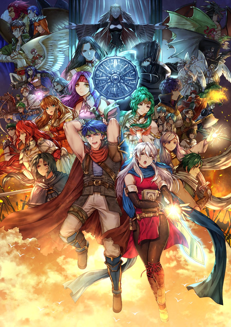6+boys 6+girls amulet animal_ears aran_(fire_emblem) armor ashera_(fire_emblem) bangle bare_shoulders belt black_gloves black_hair black_knight_(fire_emblem) blonde_hair blue_armor blue_eyes blue_hair blue_scarf book boyd_(fire_emblem) bracelet braid breastplate breasts brown_eyes brown_hair caineghis_(fire_emblem) cape cat_ears cat_tail choker clothing_cutout detached_sleeves dragon dress elbow_gloves elincia_ridell_crimea elincia_ridell_crimea_(undaunted_queen) facial_mark fingerless_gloves fire_emblem fire_emblem:_path_of_radiance fire_emblem:_radiant_dawn geoffrey_(fire_emblem) gloves green_eyes green_hair haar_(fire_emblem) hair_ribbon hairband half_updo headband helmet highres ike_(fire_emblem) ilyana_(fire_emblem) jewelry jill_(fire_emblem) kurthnaga_(fire_emblem) laura_(fire_emblem) leanne_(fire_emblem) long_hair looking_at_viewer lucia_(fire_emblem) marcia_(fire_emblem) medium_breasts mia_(fire_emblem) micaiah_(fire_emblem) mist_(fire_emblem) muarim_(fire_emblem) multiple_boys multiple_girls naesala_(fire_emblem) nailah_(fire_emblem) navel_cutout nintendo nolan_(fire_emblem) open_mouth orange_hair oscar_(fire_emblem) pelleas_(fire_emblem) polearm ponytail purple_eyes purple_hair rafiel_(fire_emblem) ragnell red_eyes red_hair reyson_(fire_emblem) rhys_(fire_emblem) ribbon robe rolf_(fire_emblem) sanaki_kirsch_altina scarf sephiran_(fire_emblem) short_hair side_slit silver_hair sleeveless sleeveless_dress smile soren_(fire_emblem) sothe_(fire_emblem) spear sword tail thighhighs tibarn_(fire_emblem) titania_(fire_emblem) tormod_(fire_emblem) volug_(fire_emblem) wani_(fadgrith) weapon white_hairband white_headband yellow_eyes yune_(fire_emblem) zihark_(fire_emblem)