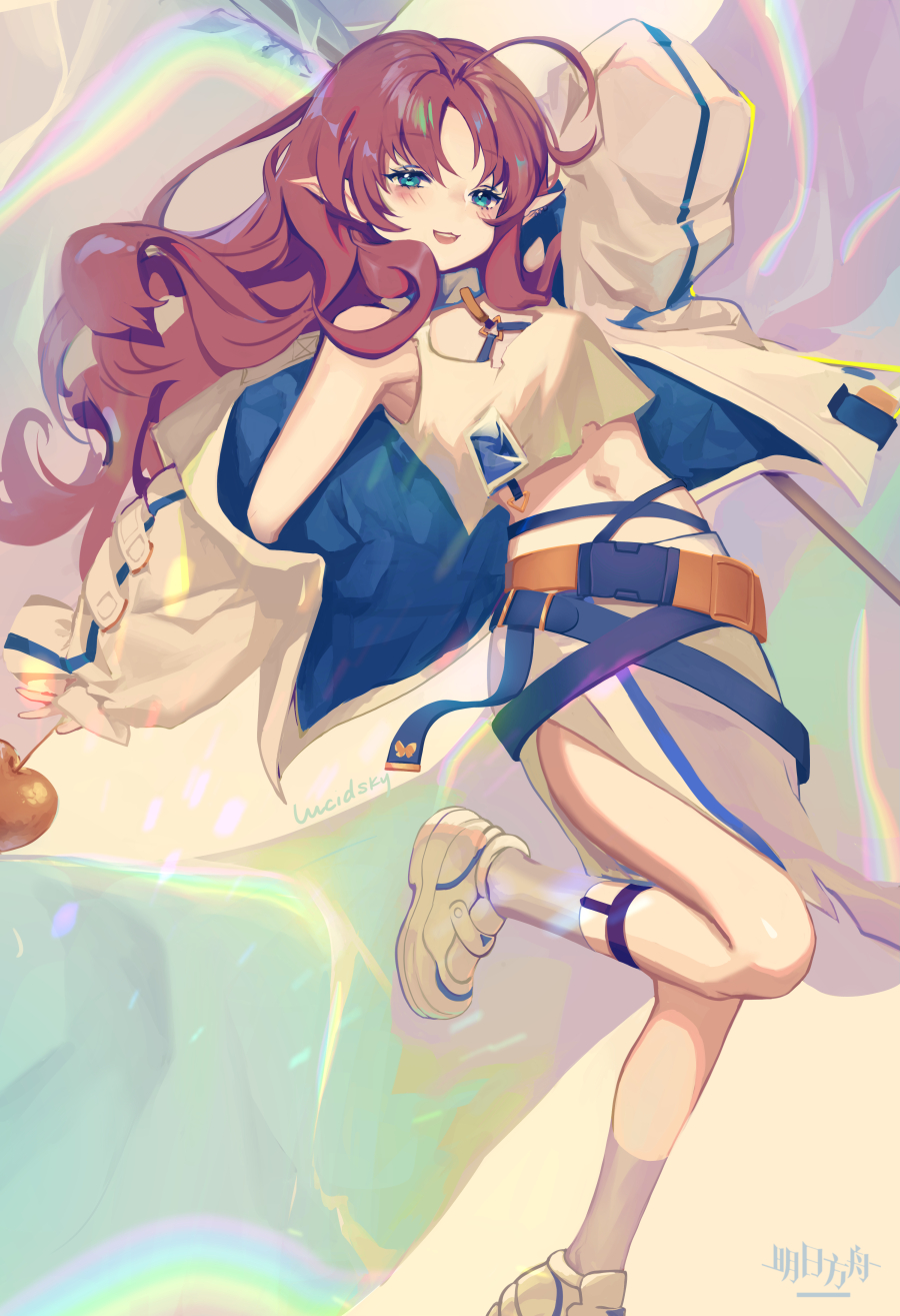 1girl arknights belt brown_hair crop_top green_eyes half-closed_eyes highres jacket lucidsky midriff myrtle_(arknights) navel open_clothes open_jacket open_mouth pointy_ears shoes smile solo white_jacket white_shoes