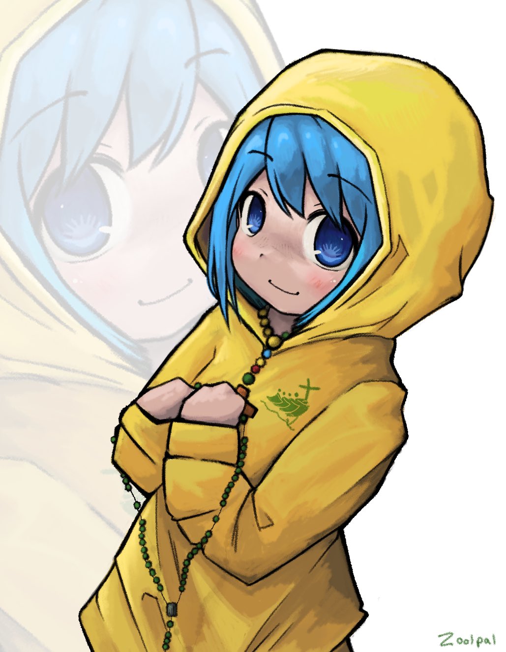1girl artist_name bead_necklace beads blue_eyes blue_hair blush clenched_hands closed_mouth commentary cowboy_shot cross cross_necklace from_above from_side hair_between_eyes highres hood hood_up jewelry jubilee_2025 latin_commentary latin_cross looking_at_viewer looking_to_the_side looking_up luce_(jubilee_2025) necklace own_hands_together raincoat raised_eyebrows rosary short_hair signature smile solo standing symbol-shaped_pupils w_arms white_background yellow_raincoat zoolpal zoom_layer