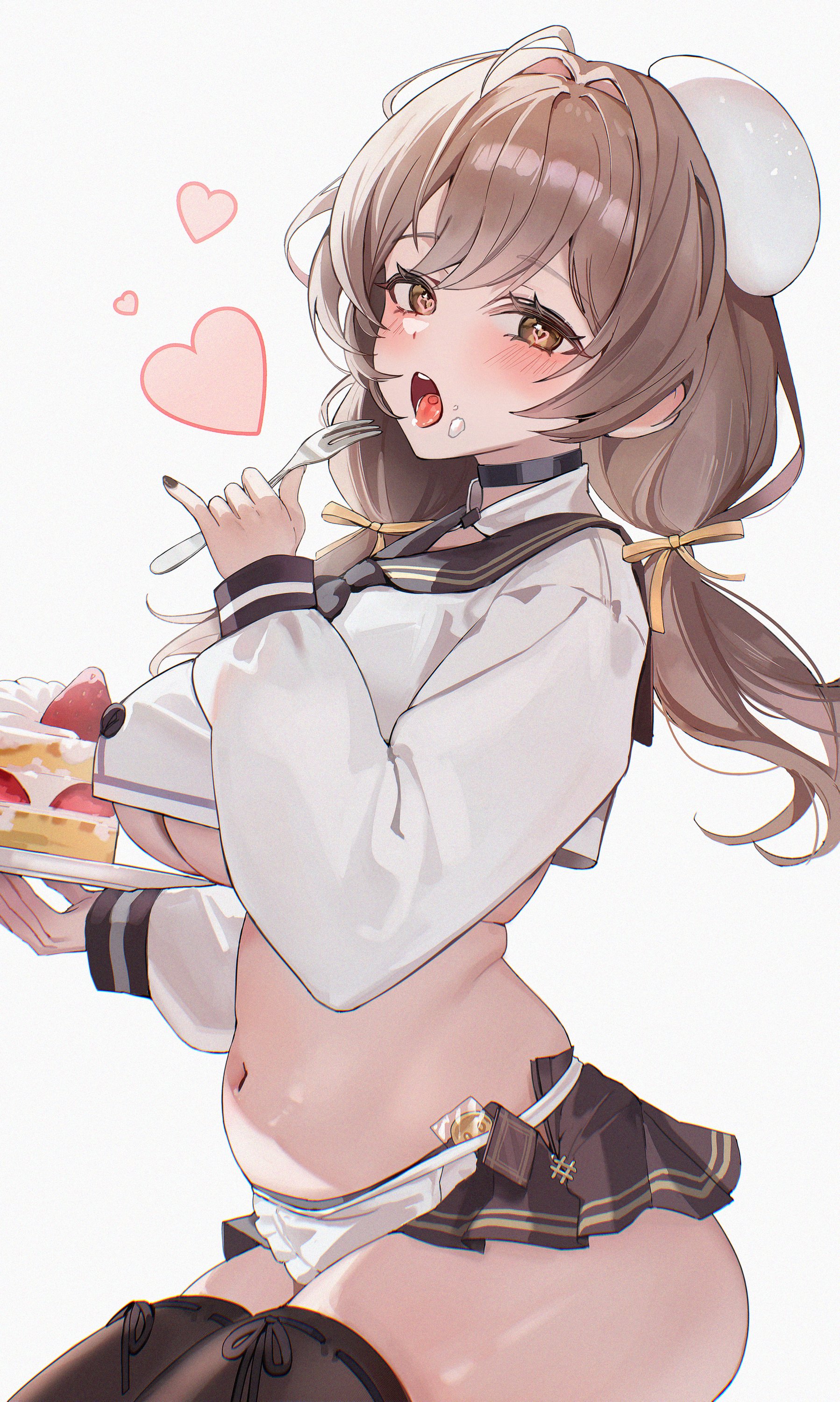 1girl absurdres apron belly black_choker black_sailor_collar black_thighhighs blush bready_(nikke) breasts brown_eyes brown_hair brown_skirt cake cake_slice choker crop_top cropped_shirt food fork goddess_of_victory:_nikke hat highres holding holding_fork holding_plate large_breasts long_hair long_sleeves looking_at_viewer low_twintails microskirt navel open_mouth plate plump puffy_long_sleeves puffy_sleeves sailor_collar shirt simple_background skirt solo thighhighs thighs twintails underboob waist_apron white_background white_shirt zije zipper_skirt