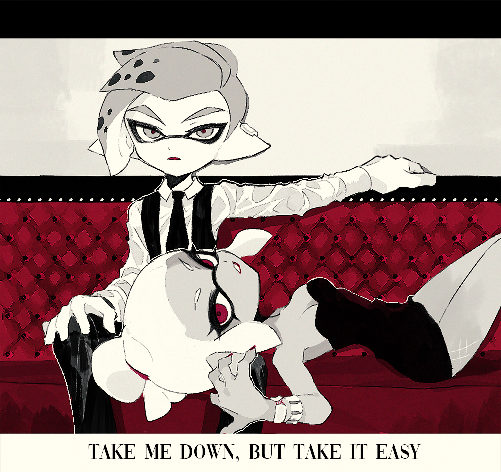 1boy 1girl bare_shoulders black_dress bracelet breasts cleavage collared_shirt commentary_request couch dress earrings emperor_(splatoon) english_text hair_bun hair_tie hand_on_own_knee inkling jewelry lap_pillow letterboxed limited_palette long_sleeves lying_on_person multiple_bracelets n-pacer_(splatoon) necktie nintendo on_couch parted_lips pointy_ears red_eyes red_pupils shirt short_hair single_earring sitting small_breasts splatoon_(manga) splatoon_(series) strapless strapless_dress tentacle_hair v-shaped_eyebrows vest waistcoat ze090