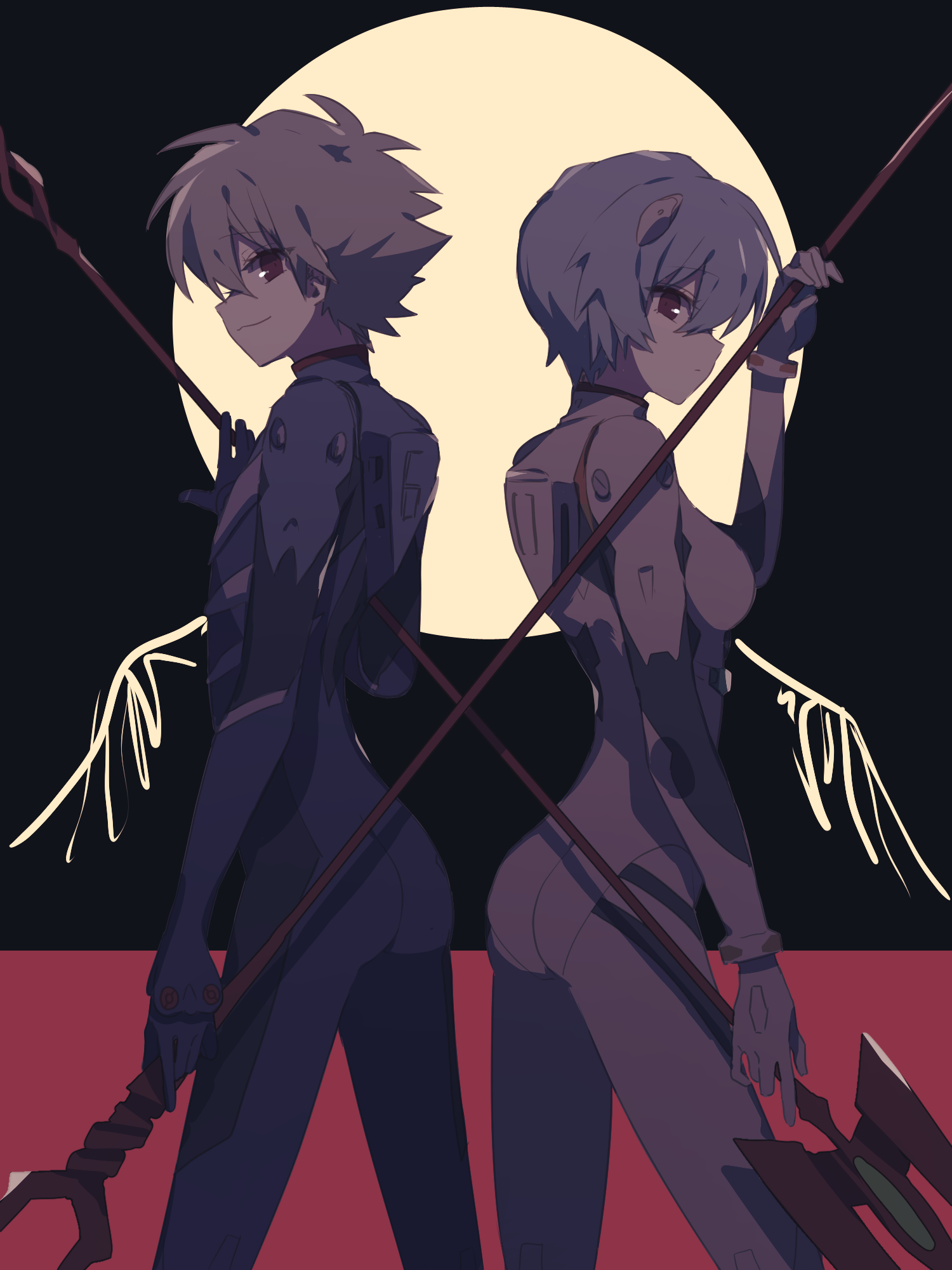 1boy 1girl ayanami_rei black_bodysuit blue_hair bob_cut bodysuit closed_mouth cowboy_shot expressionless grey_hair highres holding holding_polearm holding_weapon interface_headset_(evangelion) lance_of_longinus_(evangelion) looking_at_viewer mecha_pilot_suit nagisa_kaworu neon_genesis_evangelion plugsuit_(evangelion) polearm rebuild_of_evangelion red_eyes shirasunuko short_hair smile spear_of_cassius standing weapon white_bodysuit
