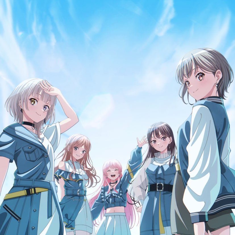 5girls ^_^ arm_up bang_dream! bang_dream!_it&#039;s_mygo!!!!! belt belt_buckle black_belt black_choker blue_belt blue_dress blue_eyes blue_jacket blush breasts brown_eyes brown_hair buckle chihaya_anon choker closed_eyes closed_mouth commentary_request dress earrings frilled_jacket frills grey_hair grey_skirt hand_on_own_hip heterochromia jacket jewelry kaname_raana long_hair medium_breasts midriff multiple_girls mygo!!!!!_(bang_dream!) nagasaki_soyo navel official_art open_mouth parted_bangs pink_hair purple_eyes see-through_clothes see-through_sleeves shading_face shiina_taki short_hair sidelocks single_earring skirt takamatsu_tomori teeth upper_teeth_only white_hair yasou0049 yellow_eyes