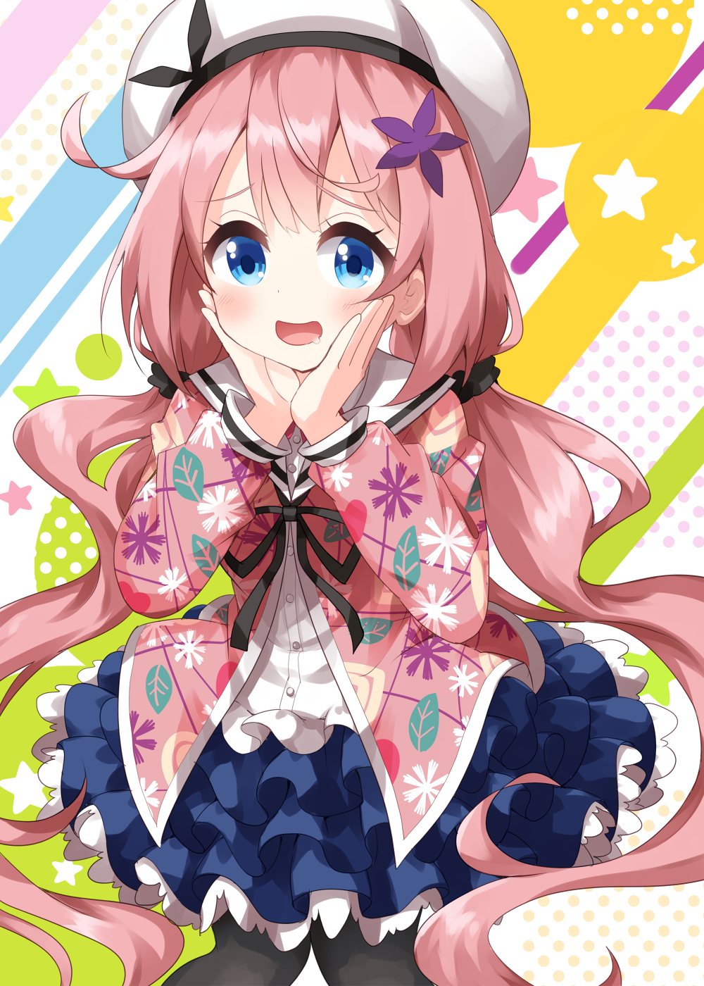 1girl :d black_pantyhose black_ribbon blue_eyes blue_skirt blush buttons colorful_background commentary_request cowboy_shot flower frilled_skirt frills hair_flower hair_ornament hands_on_own_cheeks hands_on_own_face hat highres jacket long_hair long_sleeves looking_at_viewer low_twintails neck_ribbon ochikobore_fruit_tart open_mouth pantyhose pink_hair pink_jacket pleated_skirt ribbon ruu_(tksymkw) sailor_collar sakura_ino shirt skirt smile solo twintails white_hat white_sailor_collar white_shirt