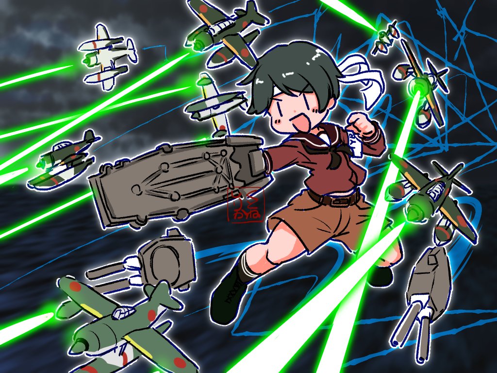 1girl airborne_laser aircraft airplane black_hair boots brown_sailor_collar brown_serafuku brown_shorts commentary_request directed-energy_weapon e16a_zuiun energy_cannon energy_weapon flight_deck headband kantai_collection kneehighs kutone_shirika lace-up_boots laser laser_cannon long_sleeves mogami_(kancolle) sailor_collar school_uniform serafuku short_hair shorts socks solo white_headband |_|