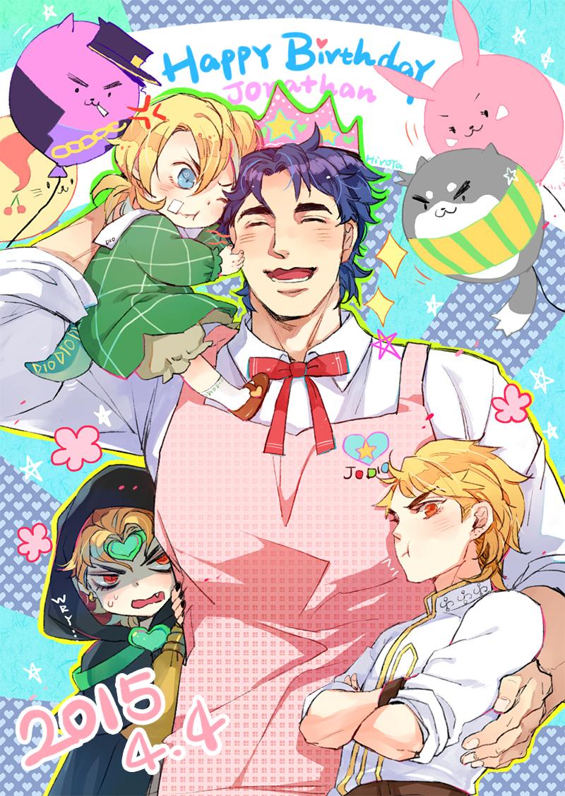 4boys :t age_regression aged_down animal_ears apron bandage_on_face bandages battle_tendency blonde_hair blue_eyes blue_hair caesar_anthonio_zeppeli cat_ears character_balloon child cigarette cloak cog_hal crown diego_brando dio_brando dog_ears dual_persona happy_birthday hatoyama_itsuru heart_headband jojo_no_kimyou_na_bouken jonathan_joestar joseph_joestar joseph_joestar_(young) kakyoin_noriaki kuujou_joutarou multiple_boys phantom_blood pout rabbit_ears red_eyes stardust_crusaders steel_ball_run toddler