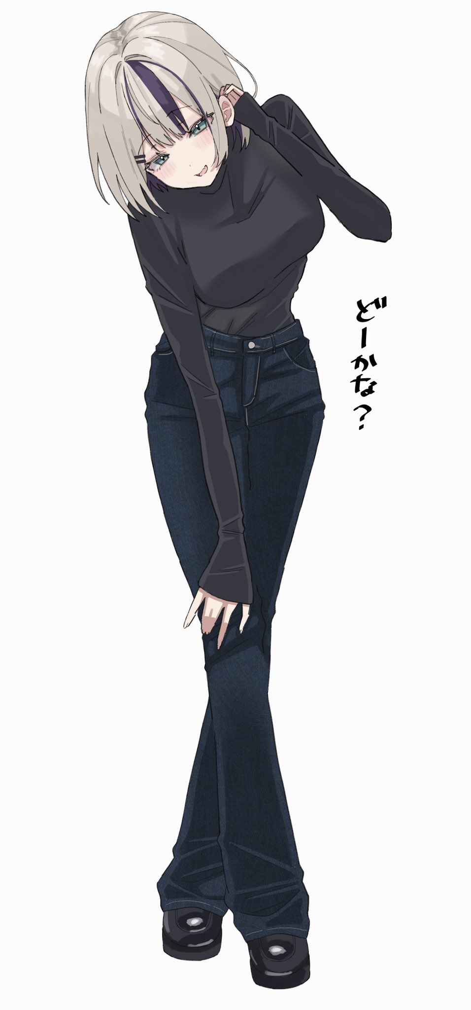 1girl adjusting_hair black_shorts black_sweater blonde_hair cosplay crossed_legs denim full_body green_eyes hair_ornament hairpin highres hunter_x_hunter jeans kurumi_noah leaning_forward long_sleeves looking_at_viewer medium_hair multicolored_hair pants shizuku_murasaki shizuku_murasaki_(cosplay) shorts simple_background sleeves_past_wrists solo standing streaked_hair sweater sweater_tucked_in virtual_youtuber vspo! white_background y4uyo
