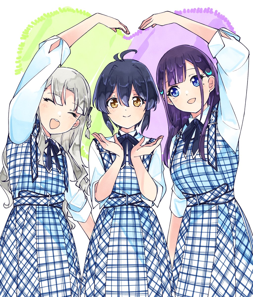 22/7 3girls :d ^_^ ahoge arm_up belt black_hair black_ribbon blue_eyes bow braid brown_eyes center-flap_bangs closed_eyes closed_mouth collared_shirt cowboy_shot dress fanged_bangs grey_hair hair_bow hair_ornament heart_arms heart_arms_duo heart_arms_trio highres ichinose_hotaru kumorizora_no_mukou_wa_hareteiru long_hair long_sleeves mole mole_under_eye multiple_girls nagamine_kaede neck_ribbon no_jacket open_mouth parted_bangs pinafore_dress plaid_belt plaid_clothes plaid_dress purple_hair ribbon shirt shirt_under_dress short_hair side_braid single_braid sleeveless sleeveless_dress sleeves_rolled_up smile standing takigawa_miu teeth trefle_r upper_teeth_only white_background white_shirt