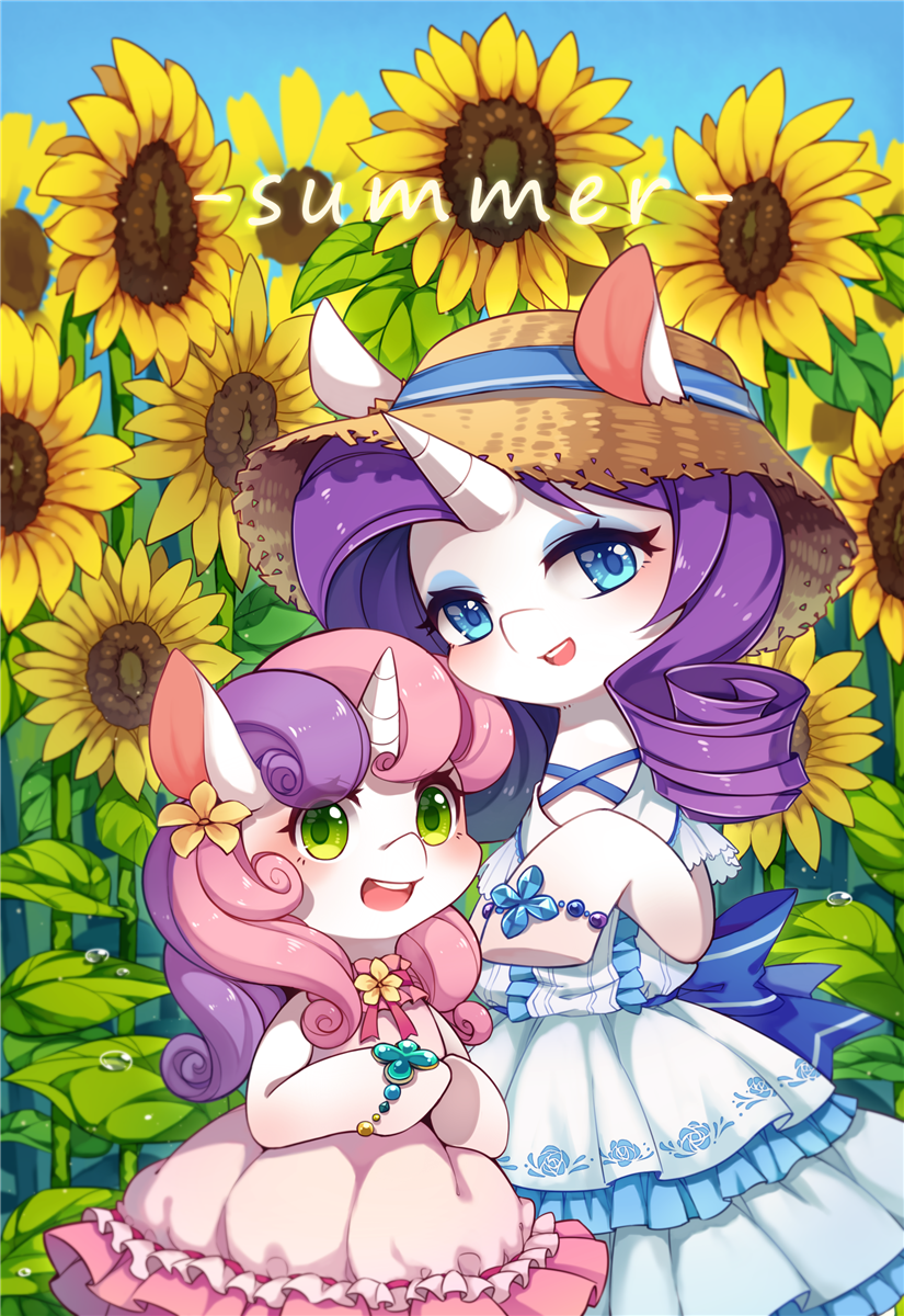 2girls animal_ears animal_hands blue_dress blue_eyes blue_eyeshadow blush bracelet child commentary dress english_commentary english_text eyeshadow flower furry furry_female green_eyes hair_flower hair_ornament hasbro hat highres hooves horse_ears horse_girl jewelry lolita_fashion long_hair looking_at_viewer makeup mo_huai_mao multicolored_hair multiple_girls my_little_pony my_little_pony:_friendship_is_magic open_mouth personification pink_dress pink_hair purple_hair rarity_(my_little_pony) siblings sisters smile standing straw_hat sunflower sweet_lolita sweetie_belle two-tone_hair unicorn_girl unicorn_horn