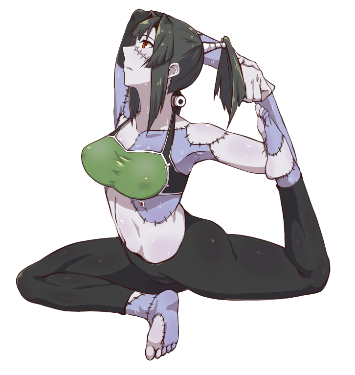 1girl barefoot black_hair black_leggings breasts closed_mouth commentary_request feet full_body high_ponytail kunai_zenow leggings looking_up monster_girl monster_musume_no_oisha-san nagi_ria orange_eyes pants ponytail simple_background soles solo sports_bra stitches stretching sweat toes white_background yoga yoga_pants zombie