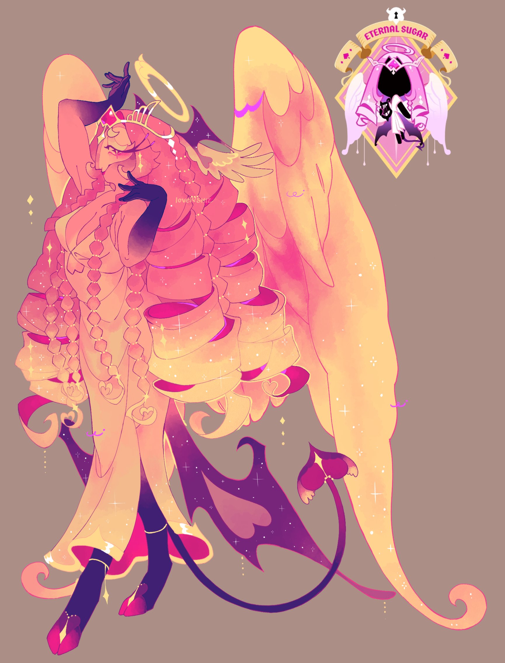 1girl angel angel_wings black_skin colored_skin commentary cookie_run cookie_run:_kingdom demon_girl demon_wings dress eternal_sugar_cookie gradient_skin hashtag-only_commentary highres hooves long_hair lovelyshiz pink_hair pink_skin solo wings