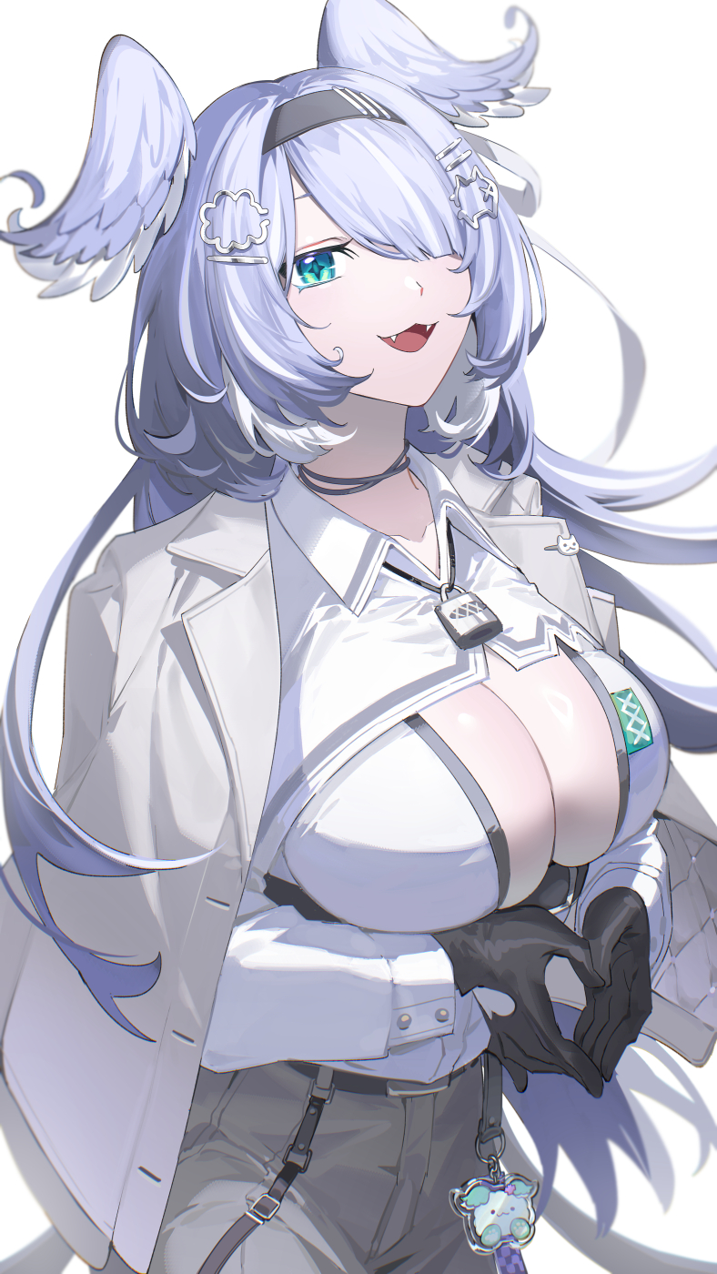 1girl :3 aqua_eyes black_gloves black_hairband blue_hair breasts cleavage cleavage_cutout clothing_cutout elira_pendora elira_pendora_(4th_costume) fangs gloves hair_over_one_eye hairband head_wings highres jacket jacket_on_shoulders kaohom503 large_breasts lock_necklace long_hair looking_at_viewer low_wings nijisanji nijisanji_en open_mouth simple_background solo steepled_fingers virtual_youtuber weewa_(elira_pendora) white_background white_jacket wings