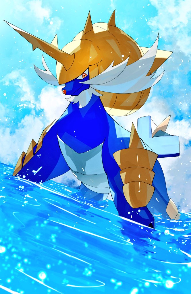 animal_focus armor blue_theme cloud gen_5_pokemon horns nintendo no_humans orange_eyes pokemon pokemon_(creature) samurott sky smile spikes water zeroartwo