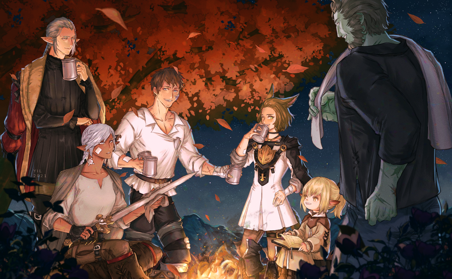 3boys 3girls animal_ears ardbert_hylfyst bandage_on_face bandaged_arm bandages blonde_hair branden_(ff14) brown_hair campfire cat_ears cat_tail cup cyella elezen elf final_fantasy final_fantasy_xiv hyur jacket jacket_on_shoulders lalafell lamitt leaf miqo'te mug multiple_boys multiple_girls night nyelbert pointy_ears polishing renda-rae roegadyn sitting smile standing sword tail tree weapon yil