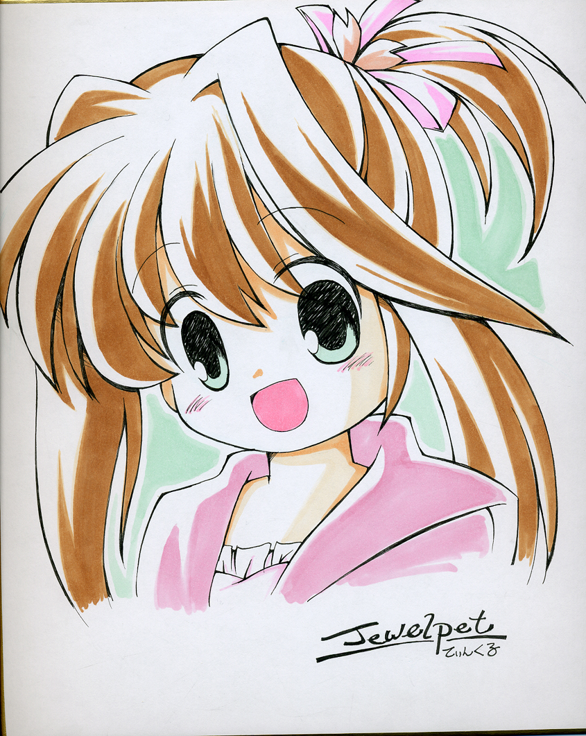 1girl blush brown_hair female_focus jewelpet_(series) jewelpet_twinkle long_hair looking_at_viewer marker_(medium) millipen_(medium) open_mouth pen_(medium) sakura_akari shikishi smile solo sou_ryuu traditional_media