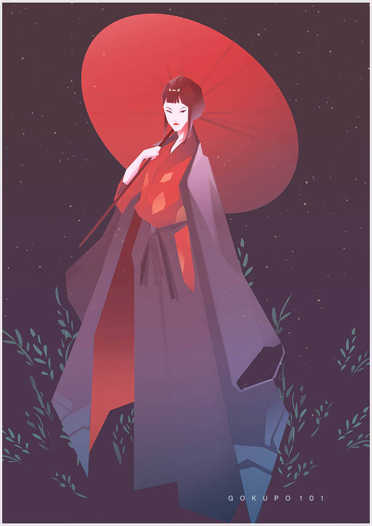 1girl blue_hakama commentary eboshi english_commentary full_body gokupo101 hair_bun hakama hakama_pants haori holding holding_umbrella japanese_clothes kimono mononoke_hime pants plant red_kimono sidelocks umbrella watermark