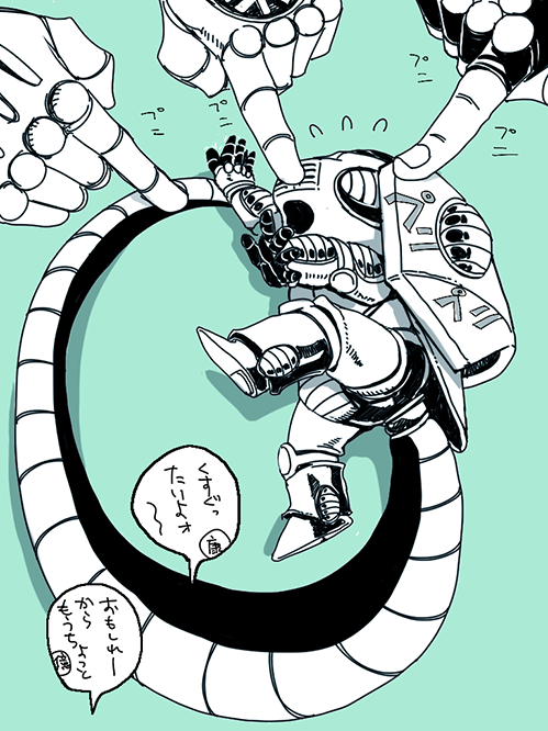 1boy cheek_poking crazy_diamond diamond_wa_kudakenai echoes_(stand) echoes_act1 fetal_position flying_sweatdrops jojo_no_kimyou_na_bouken long_tail merumeru626 monochrome pointing pointing_at_another poking poking_head solo_focus star_platinum tail the_hand_(stand) translation_request