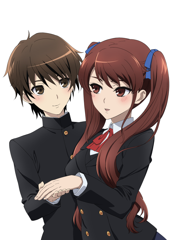 1boy 1girl akazawa_izumi another black_hair brown_eyes closed_mouth commission ishii_hisao long_hair open_mouth sakakibara_kouichi school_uniform short_hair simple_background skeb_commission smile twintails white_background yomiyama_north_junior_high_school_uniform