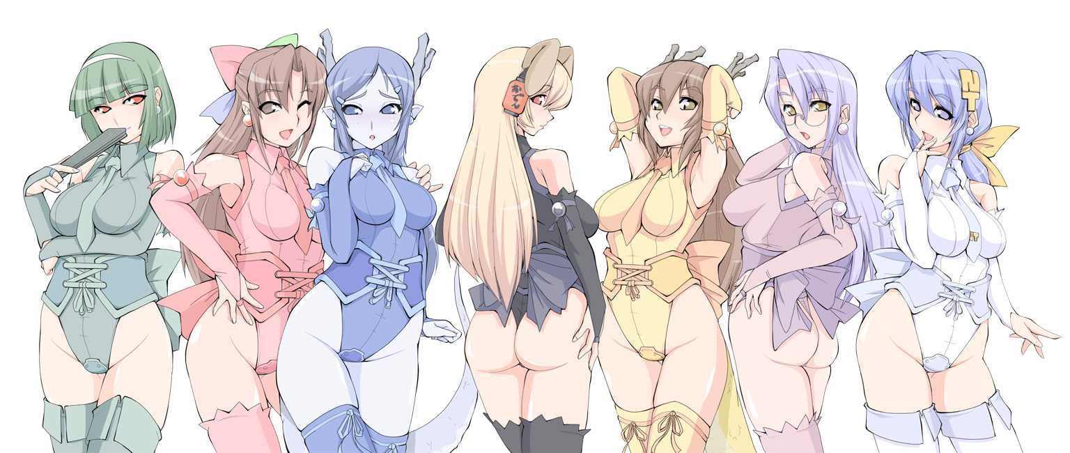 6+girls 95-tan animal_ears armpits arms_behind_head ass bad_id bad_pixiv_id black_leotard blonde_hair blue_eyes blue_hair blue_leotard blue_skin blunt_bangs blush boots bow breasts bridal_gauntlets brown_eyes brown_hair colored_skin cowboy_shot daiginjou dog_ears dragon_girl dragon_horns dragon_tail earrings elbow_gloves embarrassed everyone fingerless_gloves futaba_channel glasses gloves green_hair green_leotard groin hair_ribbon hand_fan hand_on_own_hip hand_on_shoulder hip_focus horns jewelry kiri-san kouryuu_(nijiura_maids) large_breasts leotard long_hair looking_back mama-t monster_girl multiple_girls necktie nijiura_maids nt-tan one-piece_thong one_eye_closed os-tan panties pointy_ears purple_hair red_eyes red_leotard ribbon ruriwo_(ruriwo1894) seiryuu_(nijiura_maids) shibai short_hair sidelocks simple_background tail thigh_boots thighhighs thong underwear white_background white_leotard wink yellow_eyes yellow_leotard