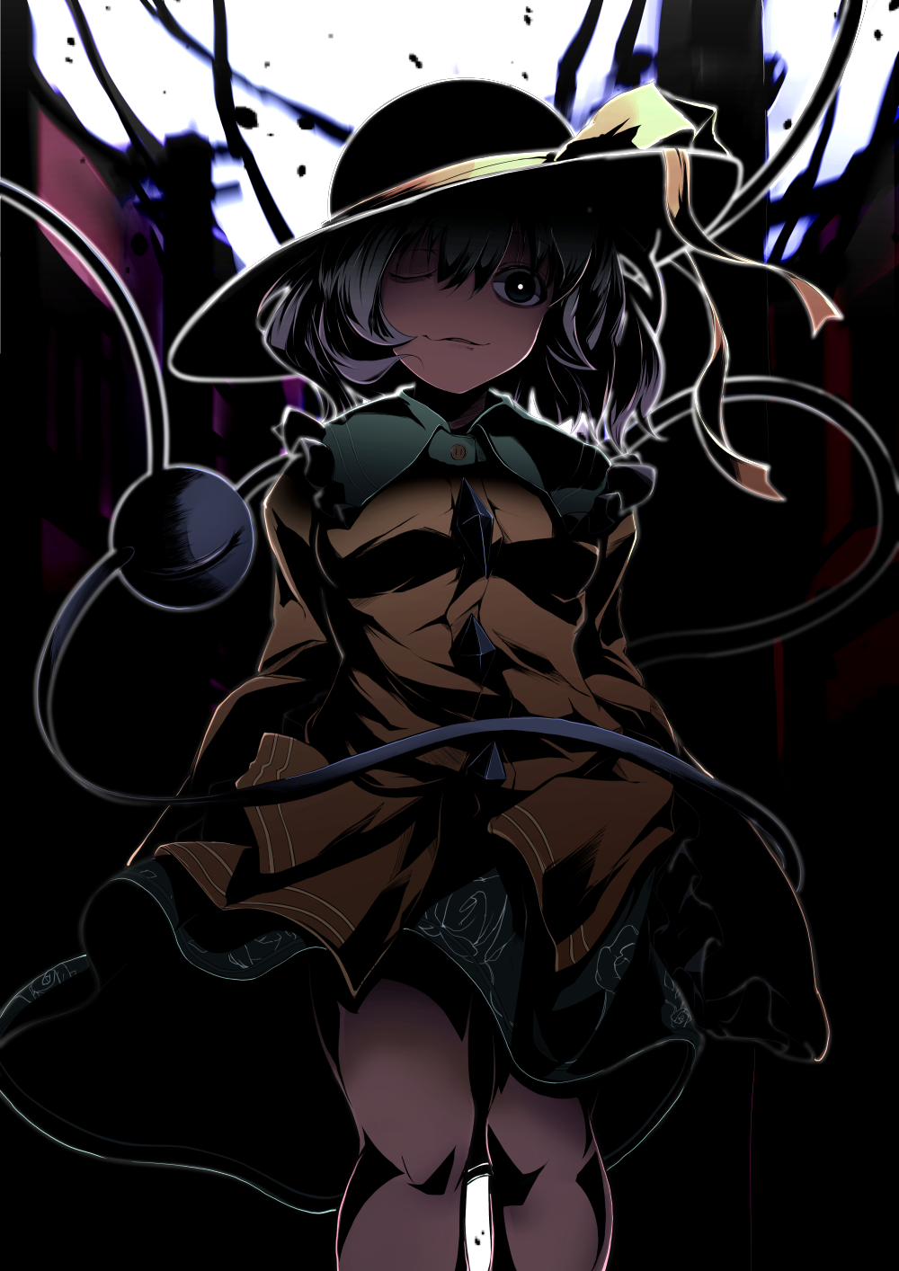 1girl arms_behind_back black_eyes bow collared_shirt dark diamond_(shape) female_focus flanvia floral_print green_skirt hat hat_bow highres komeiji_koishi long_sleeves no_nose one_eye_closed open_mouth outline shirt short_hair silver_hair skirt smile solo third_eye touhou yellow_bow