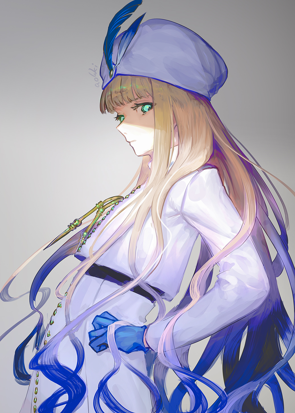 1boy blonde_hair blue_eyes blue_gloves blue_hair blunt_bangs closed_mouth fate/grand_order fate/grand_order_arcade fate_(series) gloves hat_feather highres jacket long_hair long_sleeves looking_at_viewer male_focus military military_uniform multicolored_hair naval_uniform nemo_(fate/grand_order_arcade) nemo_(first_ascension)_(fate/grand_order_arcade) noah_(fate) shirt simple_background solo turban very_long_hair waterstaring white_jacket