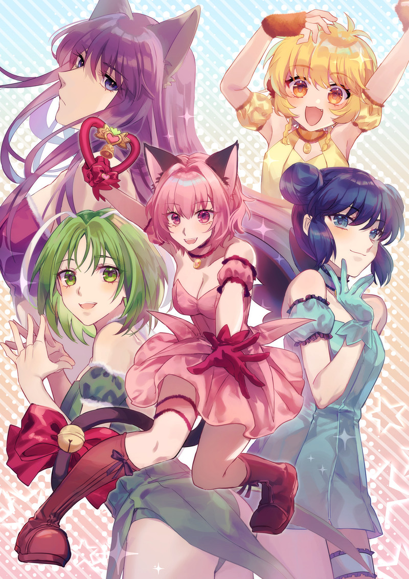 5girls aizawa_mint animal_ears aqua_dress aqua_gloves armpits arms_up bare_shoulders blonde_hair blue_bow blue_eyes blue_hair blush bow breasts cat_ears cat_girl cat_tail cleavage closed_mouth collarbone double_bun dress fong_pudding fujiwara_zakuro gloves green_bow green_eyes green_hair hair_bun heart hiirotaka holding holding_weapon long_hair looking_at_viewer medium_breasts mew_ichigo mew_lettuce mew_mint mew_pudding mew_zakuro midorikawa_lettuce momomiya_ichigo multiple_girls open_mouth pink_bow pink_dress pink_eyes pink_hair purple_bow purple_eyes purple_hair short_hair smile strapless strapless_dress strawbell_bell tail tokyo_mew_mew twintails v weapon wolf_ears wolf_girl yellow_bow yellow_eyes