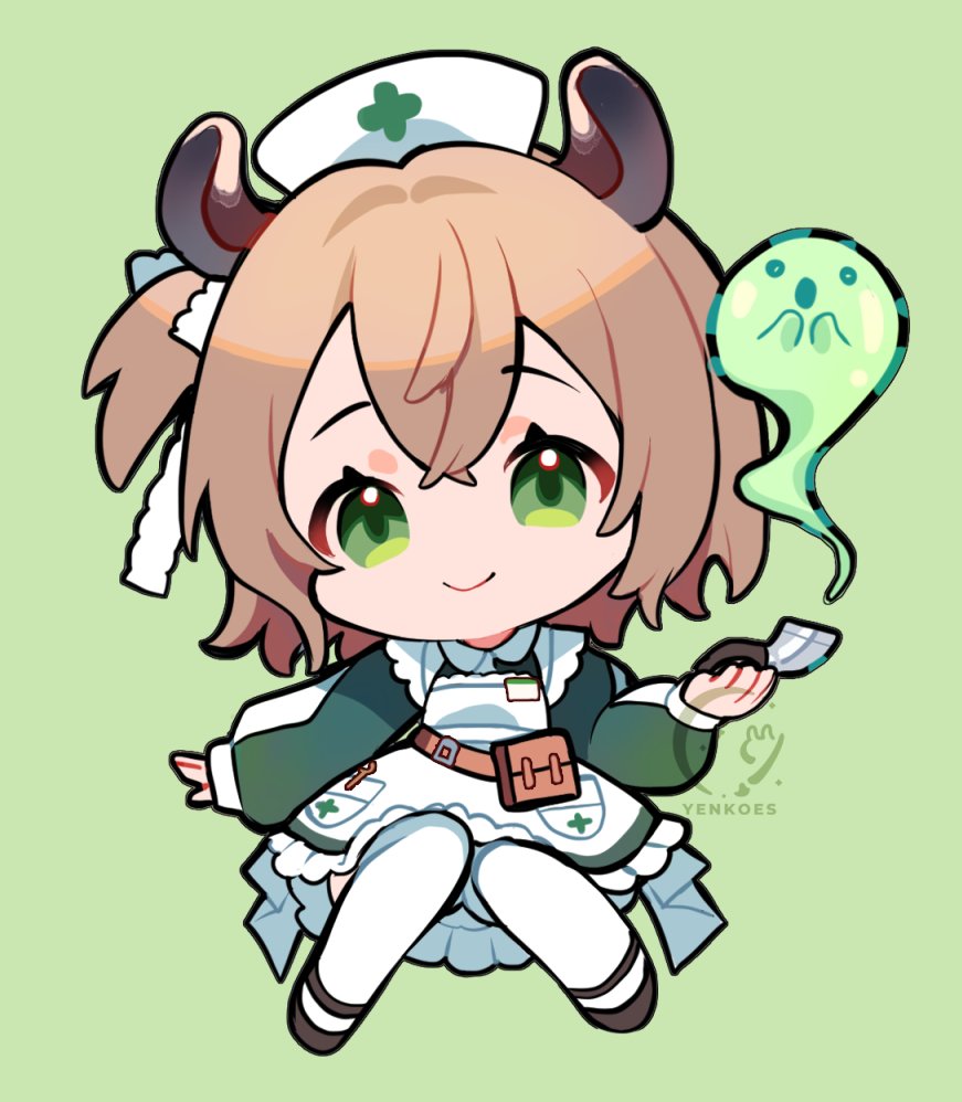 1girl animal_ears apron brown_hair chibi dress green_dress green_eyes hat indie_virtual_youtuber looking_at_viewer medium_hair naplings_(nimi_nightmare) nimi_nightmare nurse_cap smile solo tapir_ears tapir_girl virtual_youtuber white_apron white_hat yenkoes