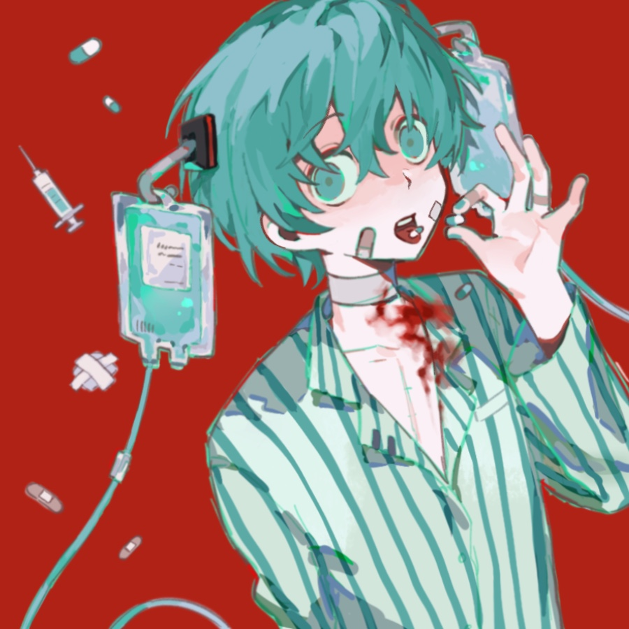 1girl aqua_eyes aqua_hair aqua_nails aqua_shirt bandaged_neck bandages bandaid bandaid_on_face bandaid_on_finger blood blood_bag blood_on_chest blood_on_clothes bloody_bandages borrowed_design breast_pocket collarbone collared_shirt hair_between_eyes hatsune_miku holding holding_pill intravenous_drip long_sleeves open_mouth pill pill_on_tongue pocket rice_(somasuki_77) scar scar_on_chest shirt short_hair sick_miku_(twitwiii) simple_background solo striped_clothes striped_shirt syringe tongue tongue_out upper_body vertical-striped_clothes vertical-striped_shirt vocaloid