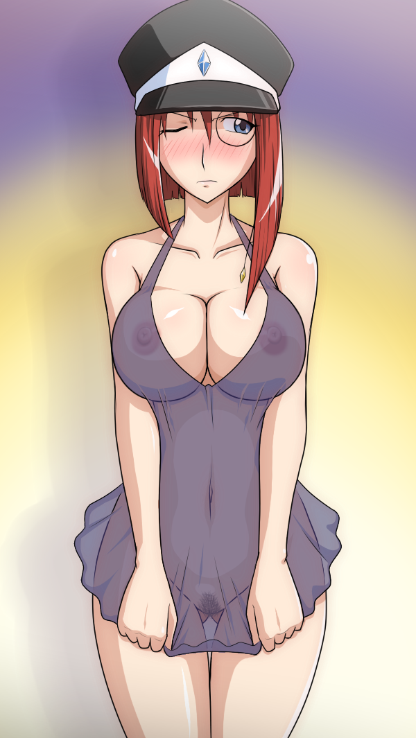 1girl blush breasts cowboy_shot forte_stollen galaxy_angel goriate hat huge_breasts lingerie monocle negligee nipples one_eye_closed pubic_hair pulling_own_clothes pussy see-through_clothes solo underwear x-ray