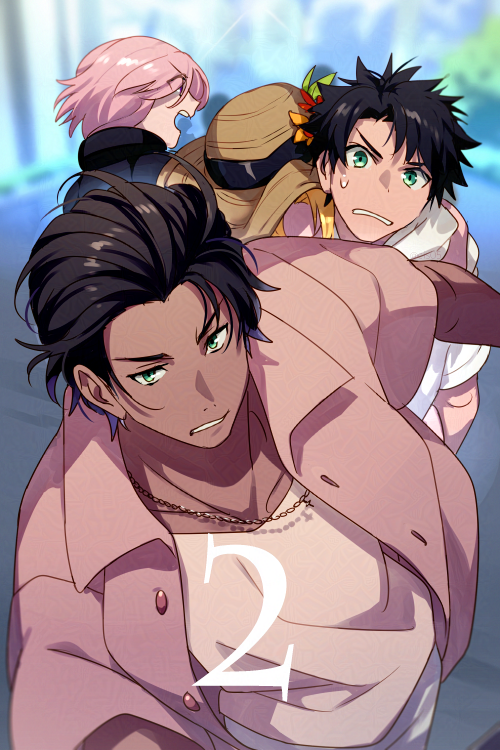 2boys 2girls bartholomew_roberts_(fate) bartholomew_roberts_(smiley_summer_wear)_(fate) black_hair blonde_hair blue_eyes collarbone echo_(circa) ereshkigal_(fate) fate/grand_order fate_(series) fujimaru_ritsuka_(male) green_eyes hat jewelry mash_kyrielight multiple_boys multiple_girls necklace pink_hair pink_shirt shirt space_ereshkigal_(fate) space_ereshkigal_(first_ascension)_(fate) white_shirt