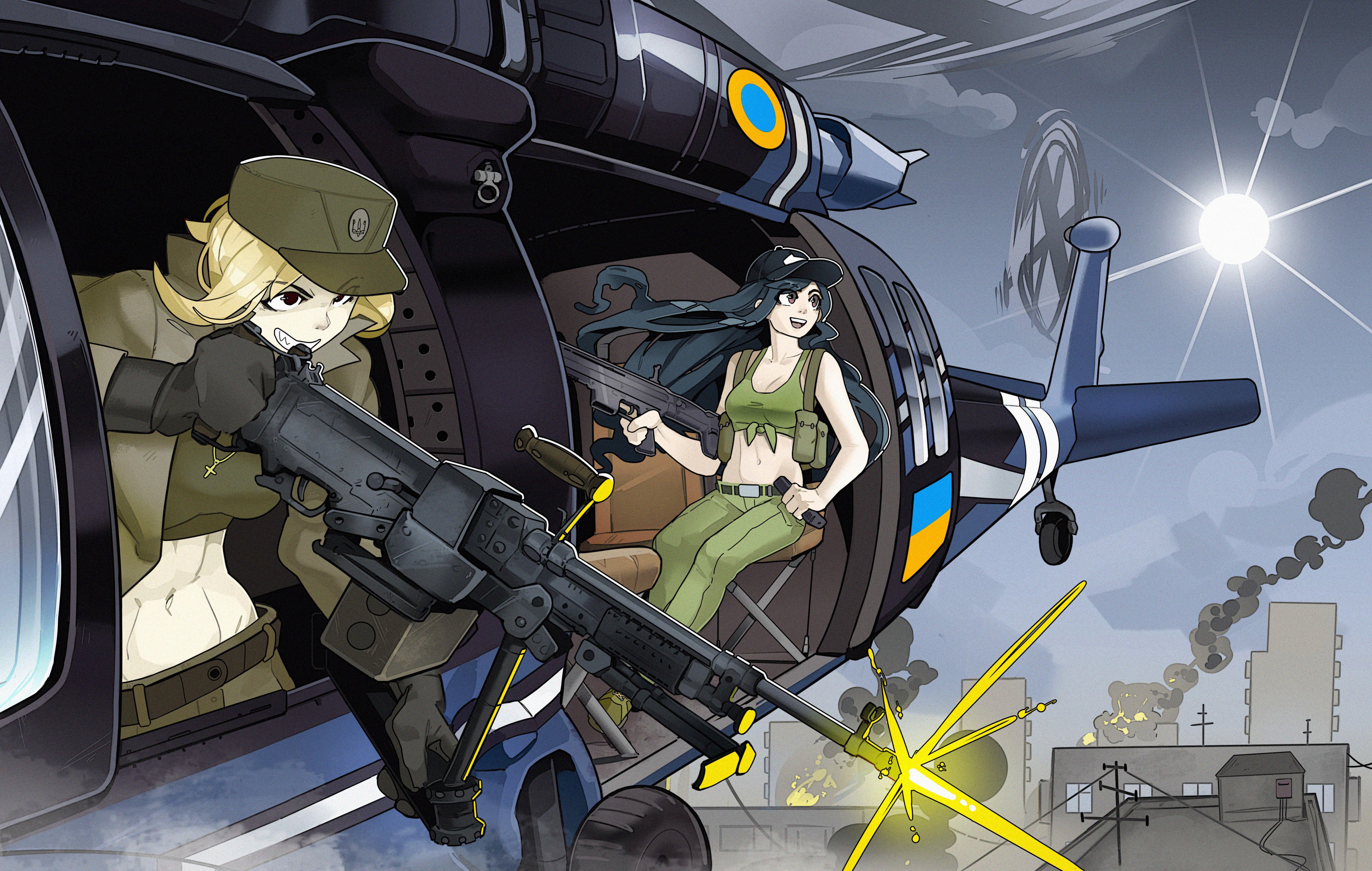 2girls abs absurdres aircraft ammunition_pouch assault_rifle azov_battalion baseball_cap belt black_gloves blonde_hair blue_hair breasts brown_eyes cityscape commentary commission cross firing flying fn_scar funkiflame gloves green_pants green_tank_top gun hat helicopter helicopter_interior highres holding holding_gun holding_weapon kraken_(japanon) kraken_regiment m240 machine_gun magazine_(weapon) manually-operated_mounted_gun marichka medium_breasts military military_hat military_operator military_vehicle multiple_girls muscular muscular_female non-web_source original pants pouch rifle russo-ukrainian_war smile smirk smoke stomach sun sunlight tank_top toned toned_female trigger_discipline tryzub uh-60_blackhawk ukraine ukrainian_commentary ukrainian_flag war weapon