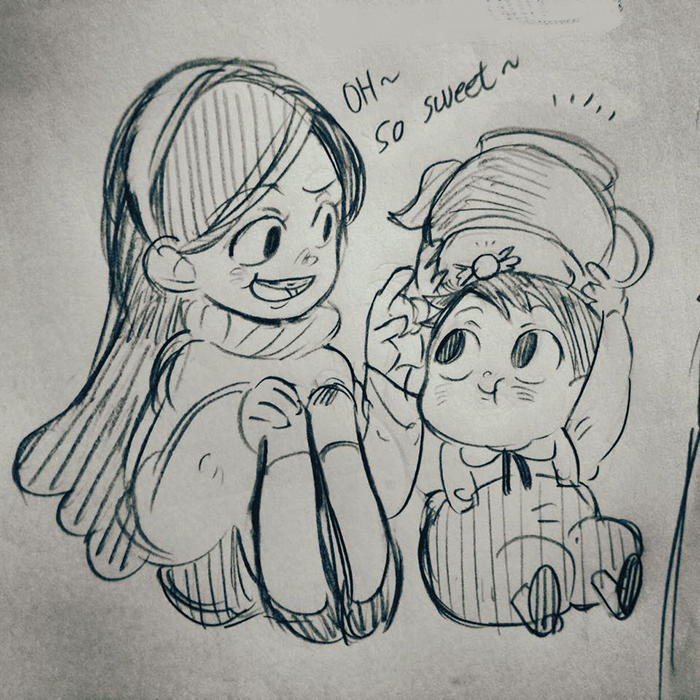 1boy 1girl black_eyes candy crossover food gravity_falls gregory_(over_the_garden_wall) happy long_hair mabel_pines monochrome open_mouth over_the_garden_wall overalls pointing smile teapot text_focus traditional_media twohairs