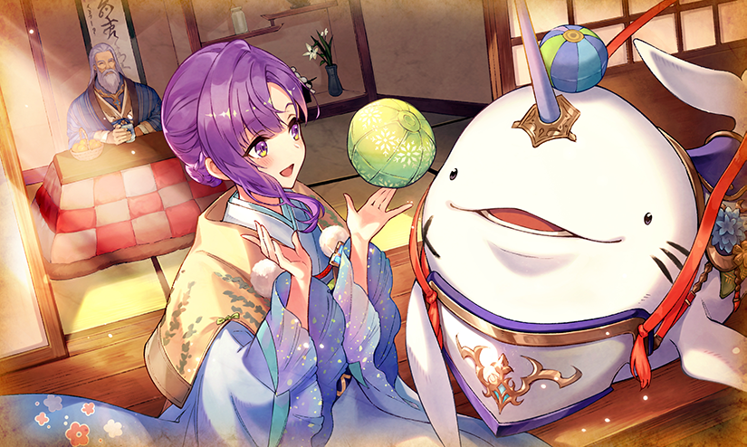 1boy 1girl blue_kimono creature furisode hanging_scroll japanese_clothes kimono kotatsu new_year nikaia_(ta_ga_tame_no_alchemist) official_art paper_balloon purple_eyes purple_hair scroll second-party_source selsieg_(spirit_beast)_(ta_ga_tame_no_alchemist) shouji sidelighting sliding_doors ta_ga_tame_no_alchemist table tatami veranda