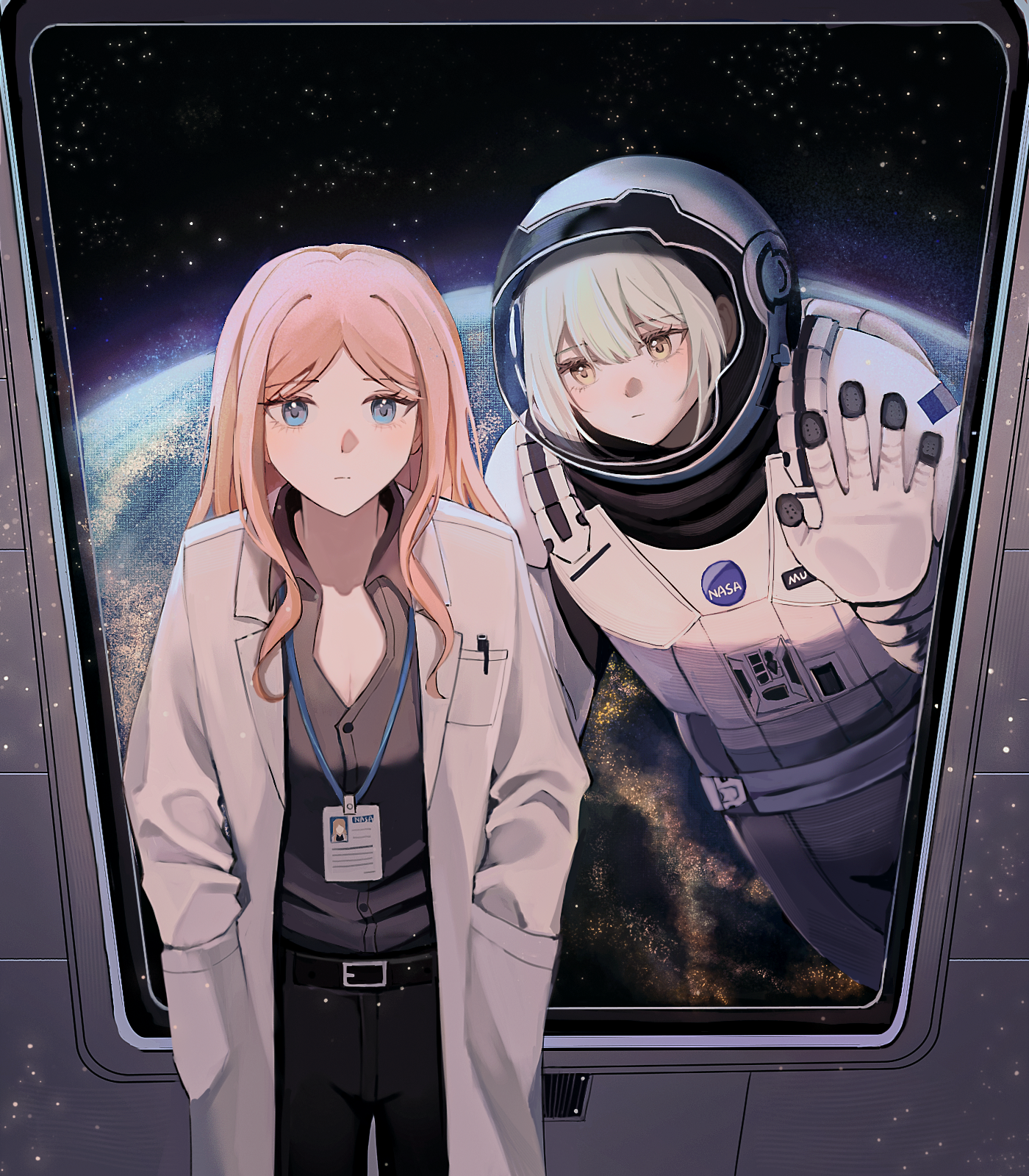 2girls astronaut bang_dream! bang_dream!_it's_mygo!!!!! blue_eyes blush brown_hair closed_mouth coat collared_shirt commentary_request crimiko earth_(planet) eyelashes from_front from_inside hands_in_pockets helmet highres lanyard long_hair long_sleeves looking_at_another multiple_girls nagasaki_soyo open_clothes open_coat planet shirt sidelocks space space_helmet spacesuit wakaba_mutsumi white_coat window yellow_eyes