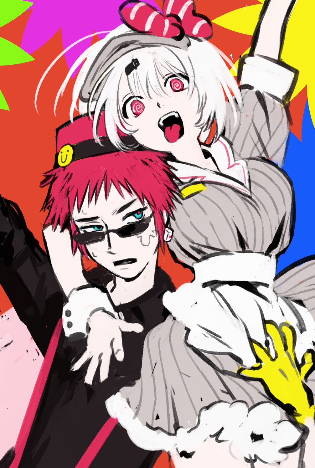 1boy 1girl @_@ apron arm_around_shoulder arm_up bans black_shirt blue_eyes bow breasts clutching_clothes commentary_request cosplay crazy dice dice_earrings dress dt_777_tb earrings facial_scar frown gloves grey_dress hair_bow hair_ornament hairclip hand_on_another&#039;s_chest hat highres jewelry large_breasts long_hair long_sleeves looking_at_viewer mesmerizer_(vocaloid) multicolored_background multicolored_eyes nervous nijisanji open_mouth parody pillbox_hat pink_bow pinstripe_dress pinstripe_pattern puffy_short_sleeves puffy_sleeves red_background red_eyes red_hair red_hat red_pupils scar scar_on_cheek scar_on_face shiina_yuika shirt short_hair short_sleeves simple_background smile sunglasses suspenders tenkai_tsukasa tongue tongue_out two-tone_eyes virtual_youtuber visor_cap waist_apron waitress white_hair wrist_cuffs yellow_gloves