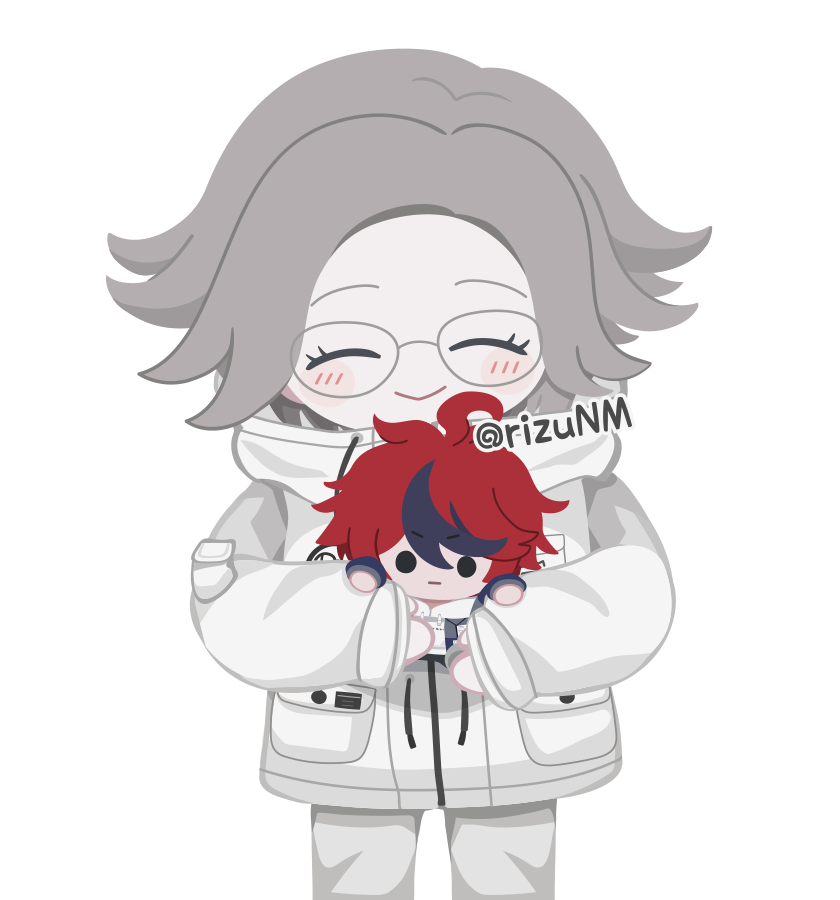 2boys ahoge aotsuki_eito black_hair chibi closed_eyes closed_mouth drawstring glasses grey_hair holding_chibi jacket long_sleeves male_focus messy_hair multicolored_hair multiple_boys panties red_hair simple_background smile sumino_takumi the_hundred_line_-last_defense_academy- underwear white_background white_jacket white_panties