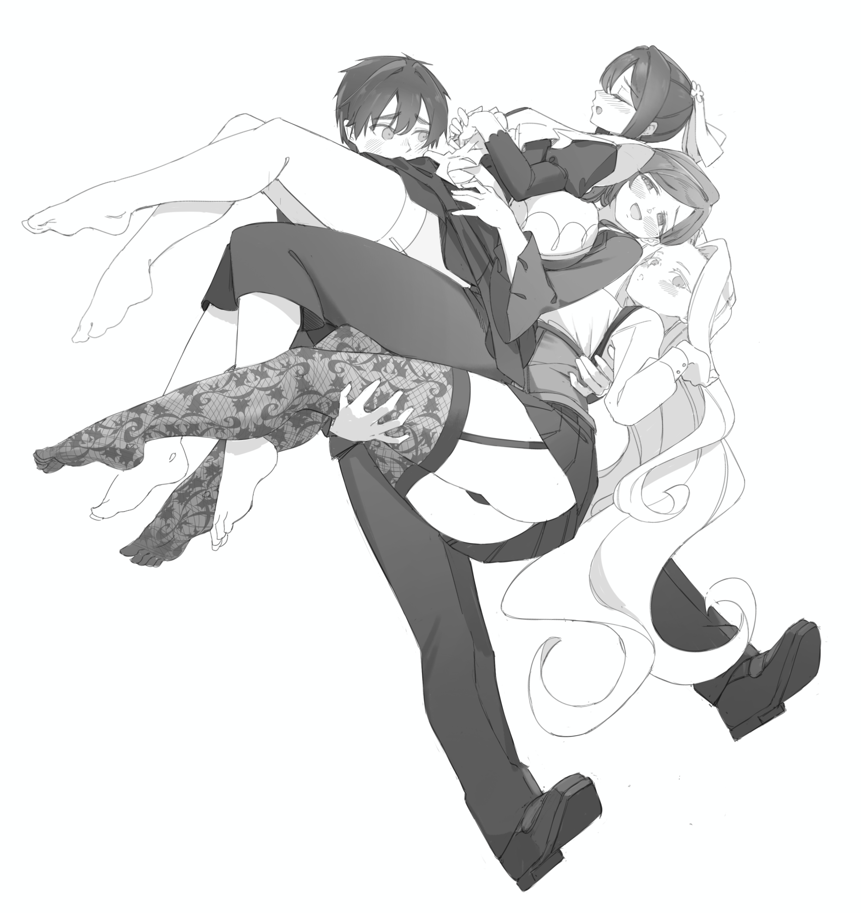 1boy 3girls absurdres aijou_rentarou apron balancing barefoot blush breasts carrying carrying_person closed_eyes dress feet frilled_apron frills full_body garter_straps greyscale hair_between_eyes hair_ornament hanazono_hahari harem highres hornfelstone huge_breasts kimi_no_koto_ga_dai_dai_dai_dai_daisuki_na_100-nin_no_kanojo legs lifting_person loafers long_hair looking_at_another looking_at_viewer maid maid_apron medium_breasts meido_mei monochrome multiple_girls no_shoes open_mouth panties pants pleated_skirt princess_carry print_thighhighs school_uniform shirt shoes short_hair sketch skirt small_breasts soles thighhighs toes underwear utsukushisugi_mimimi very_long_hair very_short_hair