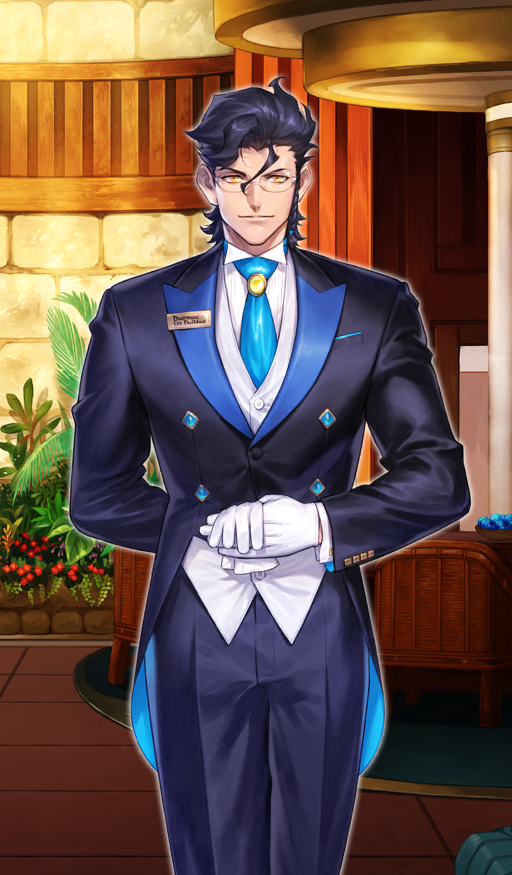 1boy arm_behind_back azusa_(hws) black_hair black_pants black_suit blue_necktie braid buttons character_name closed_mouth colored_lapels commentary cowboy_shot cowlick diarmuid_ua_duibhne_(fate) diarmuid_ua_duibhne_(saber)_(fate) diarmuid_ua_duibhne_(festival_outfit)_(fate) dress_pants dress_shirt fate/grand_order fate_(series) formal_clothes glasses gloves hair_between_eyes holding holding_gloves holding_unworn_clothes indoors jacket lapels light_smile long_sleeves looking_at_viewer male_focus medium_hair name_tag necktie official_art pants peaked_lapels round_eyewear shirt solo standing straight-on suit suit_jacket tailcoat third-party_source two-sided_tailcoat unworn_gloves vest waistcoat white_gloves white_shirt white_vest wingtip_collar yellow_brooch yellow_eyes