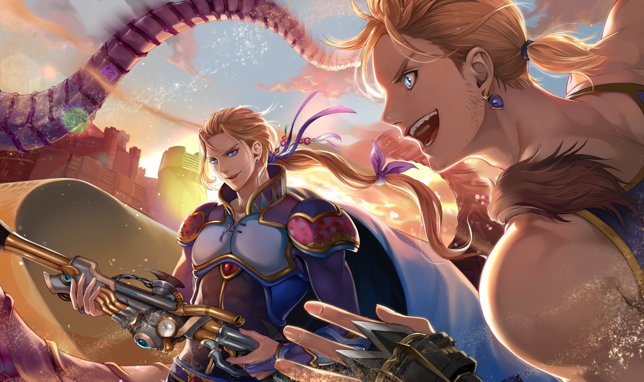 2boys armor battle blonde_hair blue_eyes brothers earrings edgar_roni_figaro final_fantasy final_fantasy_vi gloves hair_ornament halu-ca high_collar highres jewelry low_ponytail multiple_boys muscular open_mouth partially_fingerless_gloves ponytail ribbon sabin_rene_figaro sand_dunes shoulder_armor siblings sideburns square_enix ultros weapon